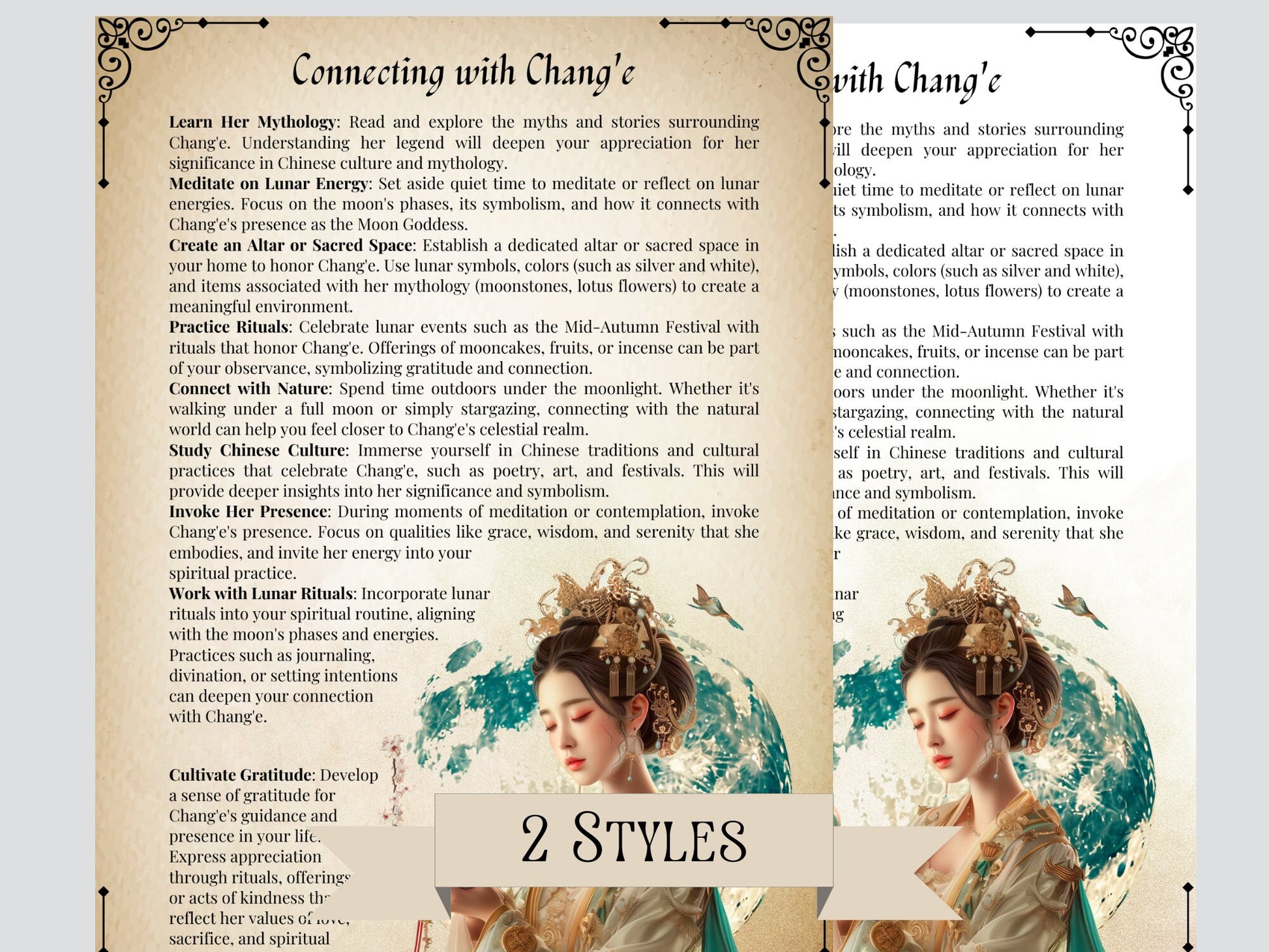 Chang'e. Chinese female deity of the Moon. Beautiful pages for your Grimoire or Book Of Shadows. Printable