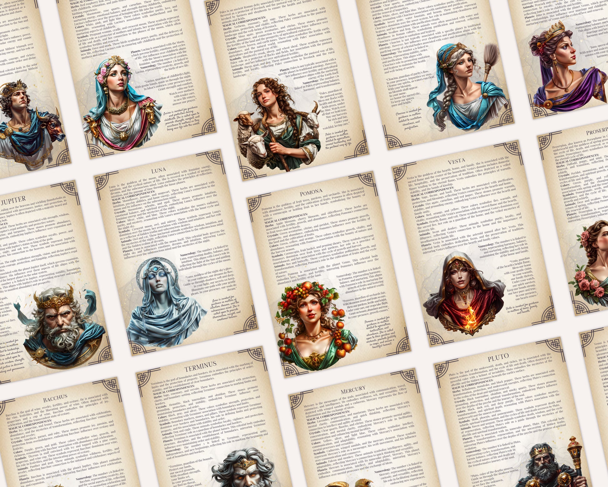 Roman GODS AND GODDESSES. Beautiful pages for your Grimoire or Book Of Shadows. Printable.