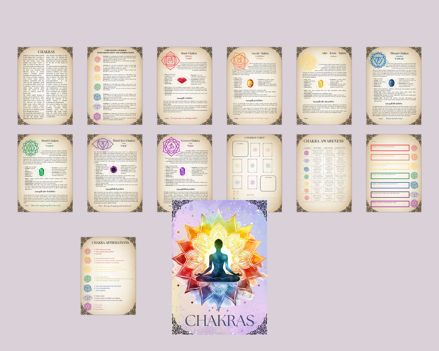 CHAKRAS. BEGINNERS GUIDE. Beautiful pages for your Grimoire or Book Of Shadows. Printable.