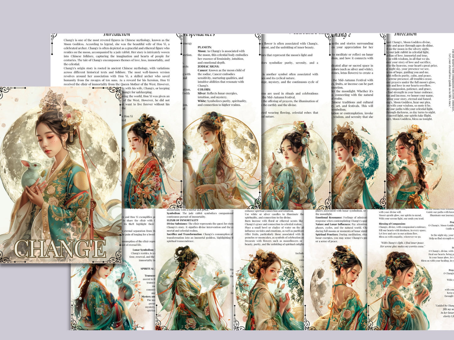 Chang'e. Chinese female deity of the Moon. Beautiful pages for your Grimoire or Book Of Shadows. Printable