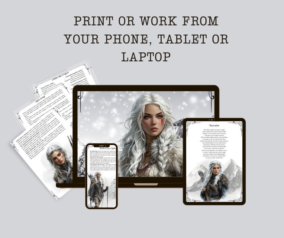 Skaði, the Norse Goddess of Winter, Mountains, and the Hunt, Grimoire pages. Printable.