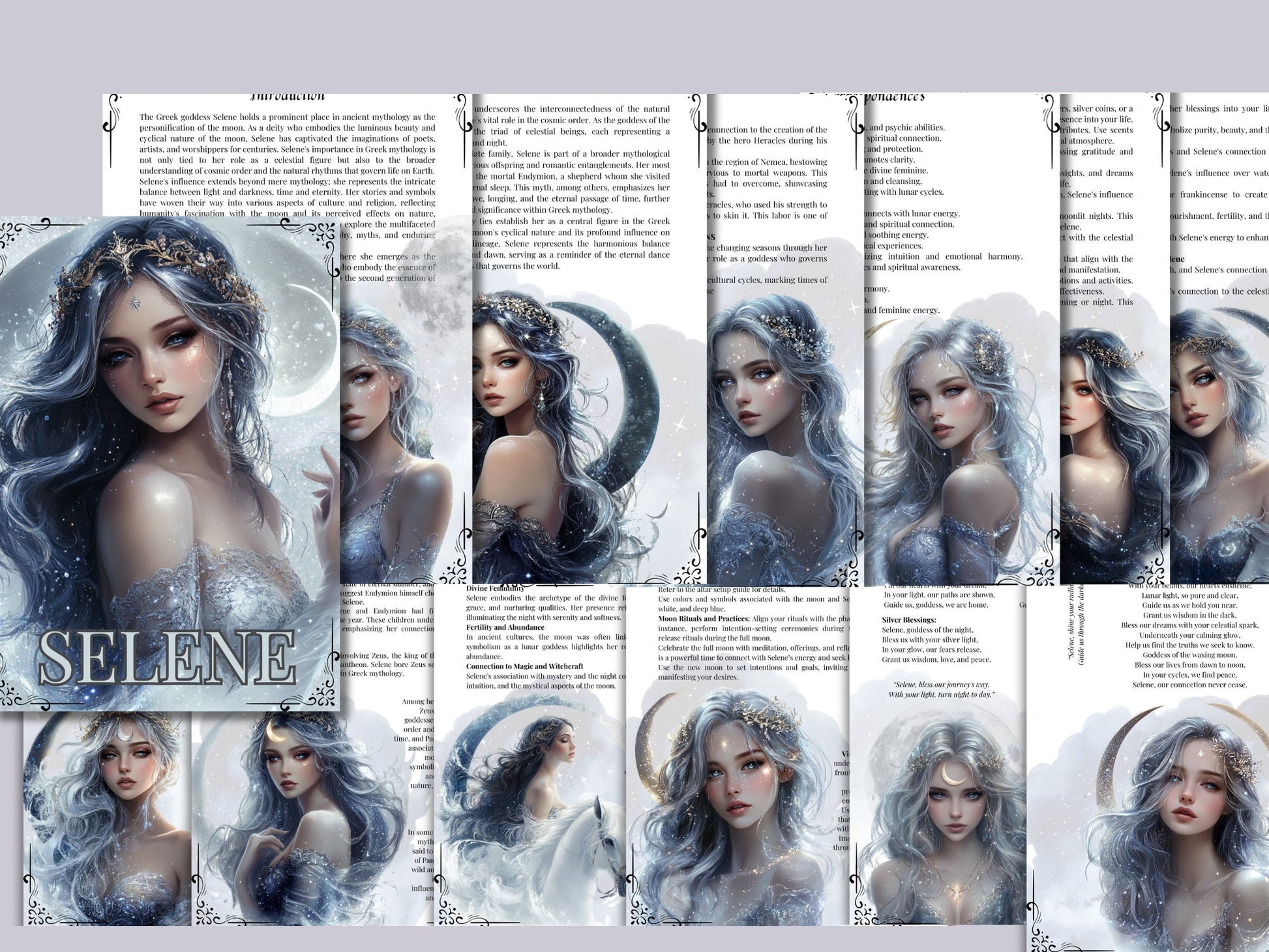 Selene. The goddess and personification of the Moon. Beautiful pages for your Grimoire or Book Of Shadows. Printable.