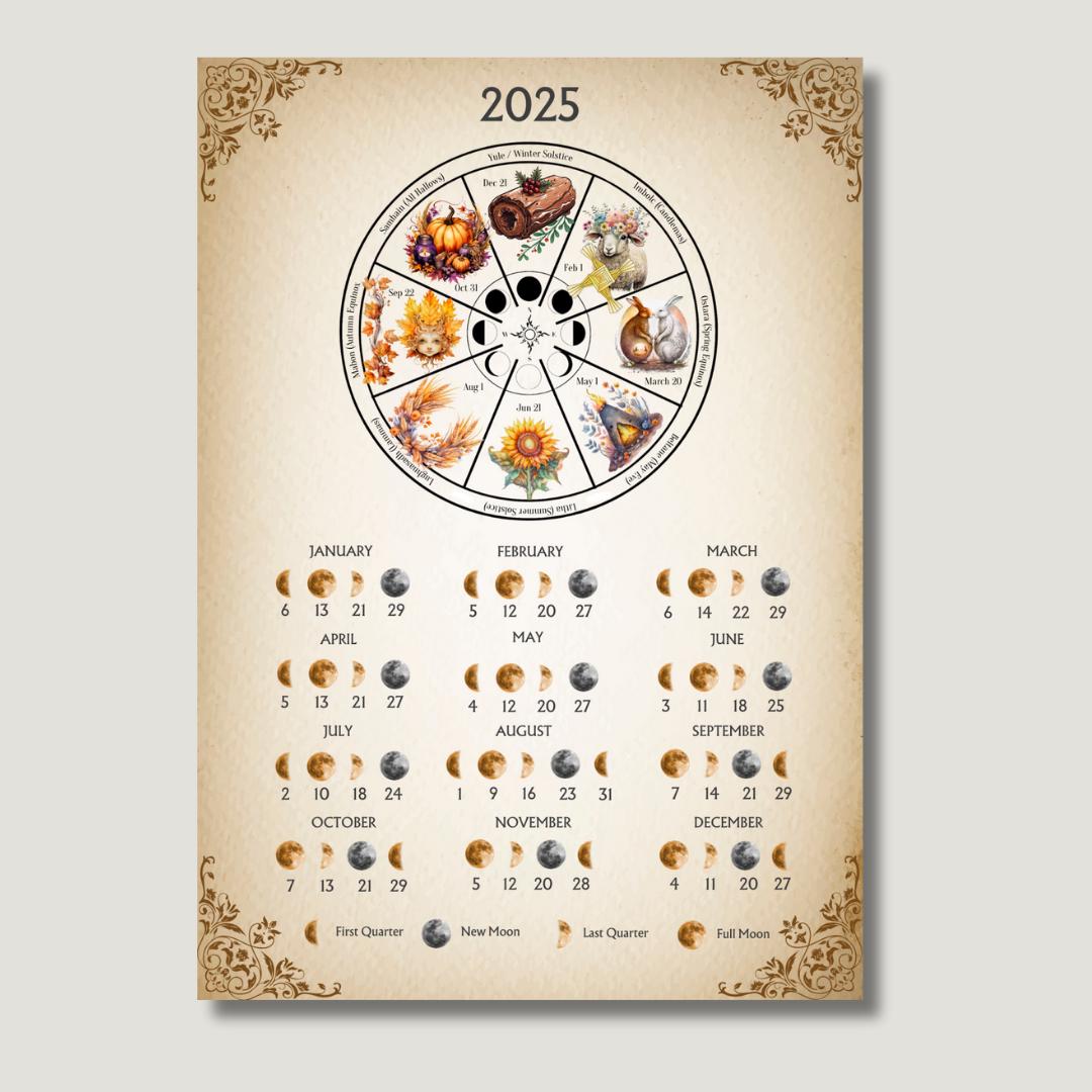 Pagan Wheel of the Year with lunar calendar 2025 | Printable | Moon Phases Calendar | Digital Download
