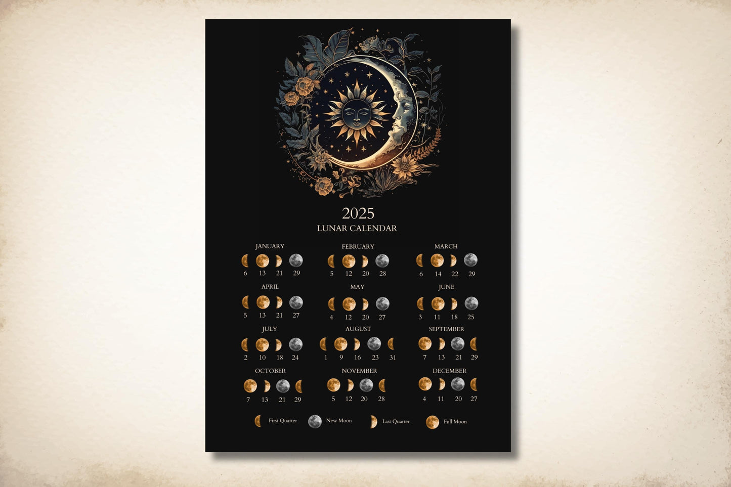 2025. Beautiful Lunar Calendar Printable | Moon Phases Calendar | Digital Download