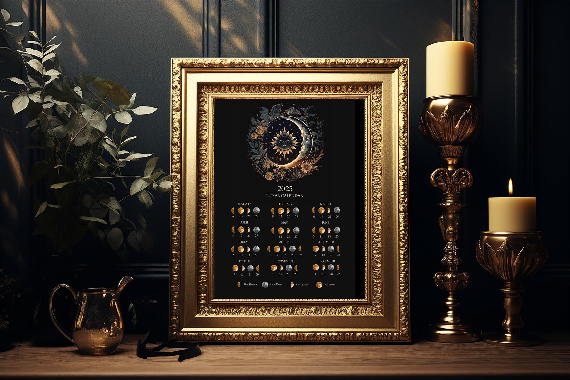 2025. Beautiful Lunar Calendar Printable | Moon Phases Calendar | Digital Download
