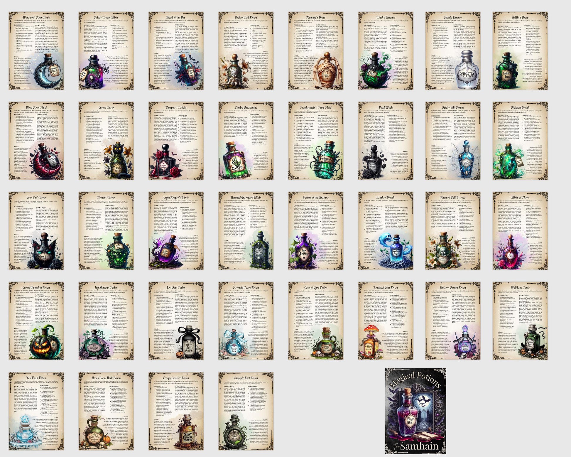 Samhain Magical Potions. Beautiful pages for your Grimoire or Book Of Shadows. Printable