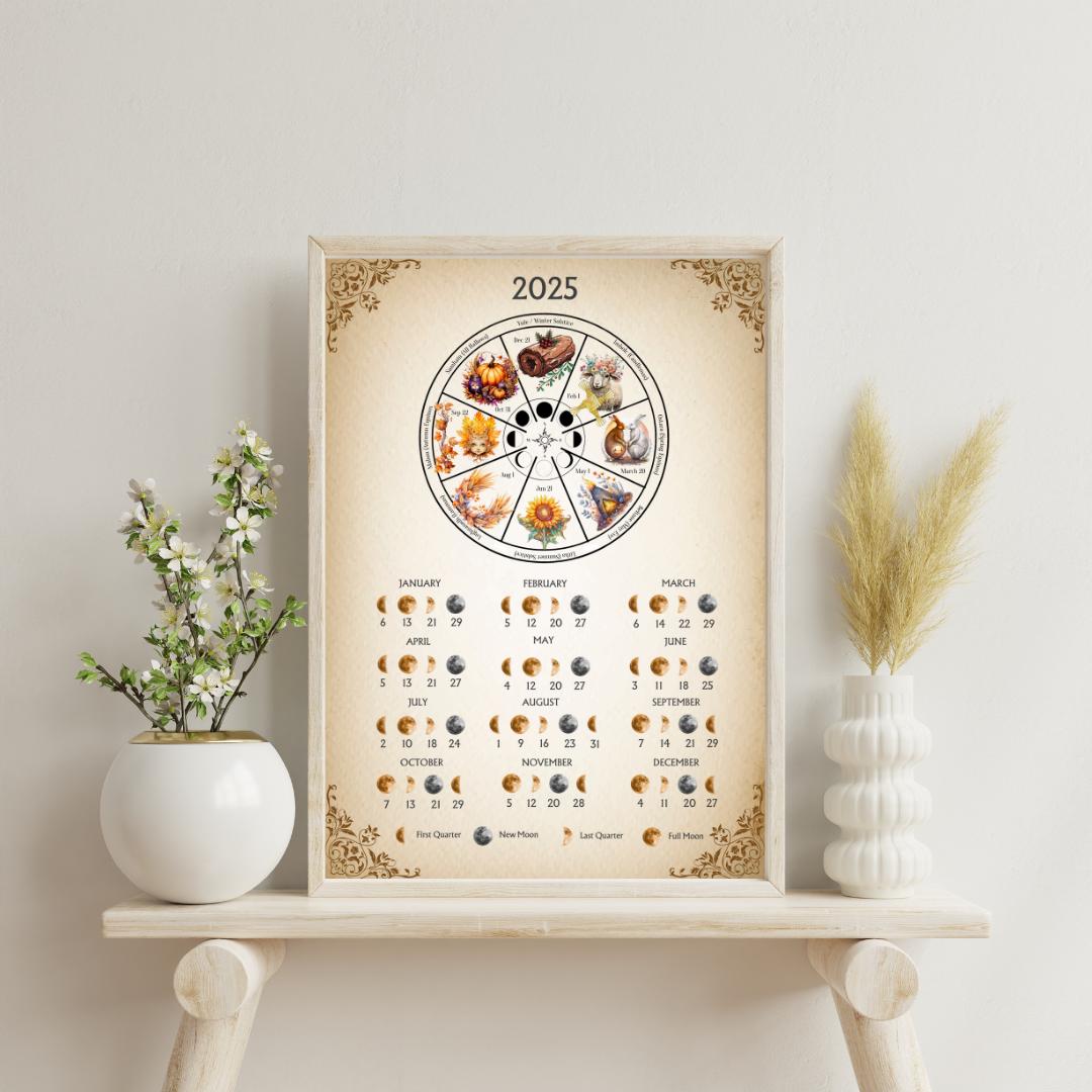 Pagan Wheel of the Year with lunar calendar 2025 | Printable | Moon Phases Calendar | Digital Download