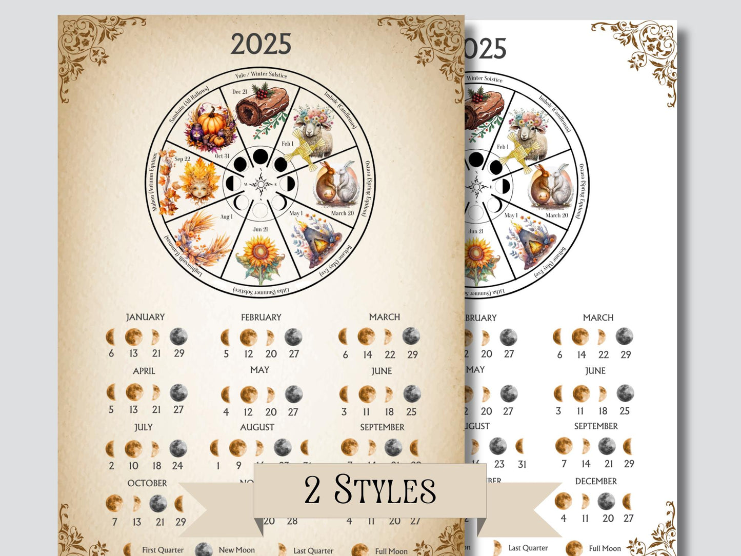 Pagan Wheel of the Year with lunar calendar 2025 | Printable | Moon Phases Calendar | Digital Download