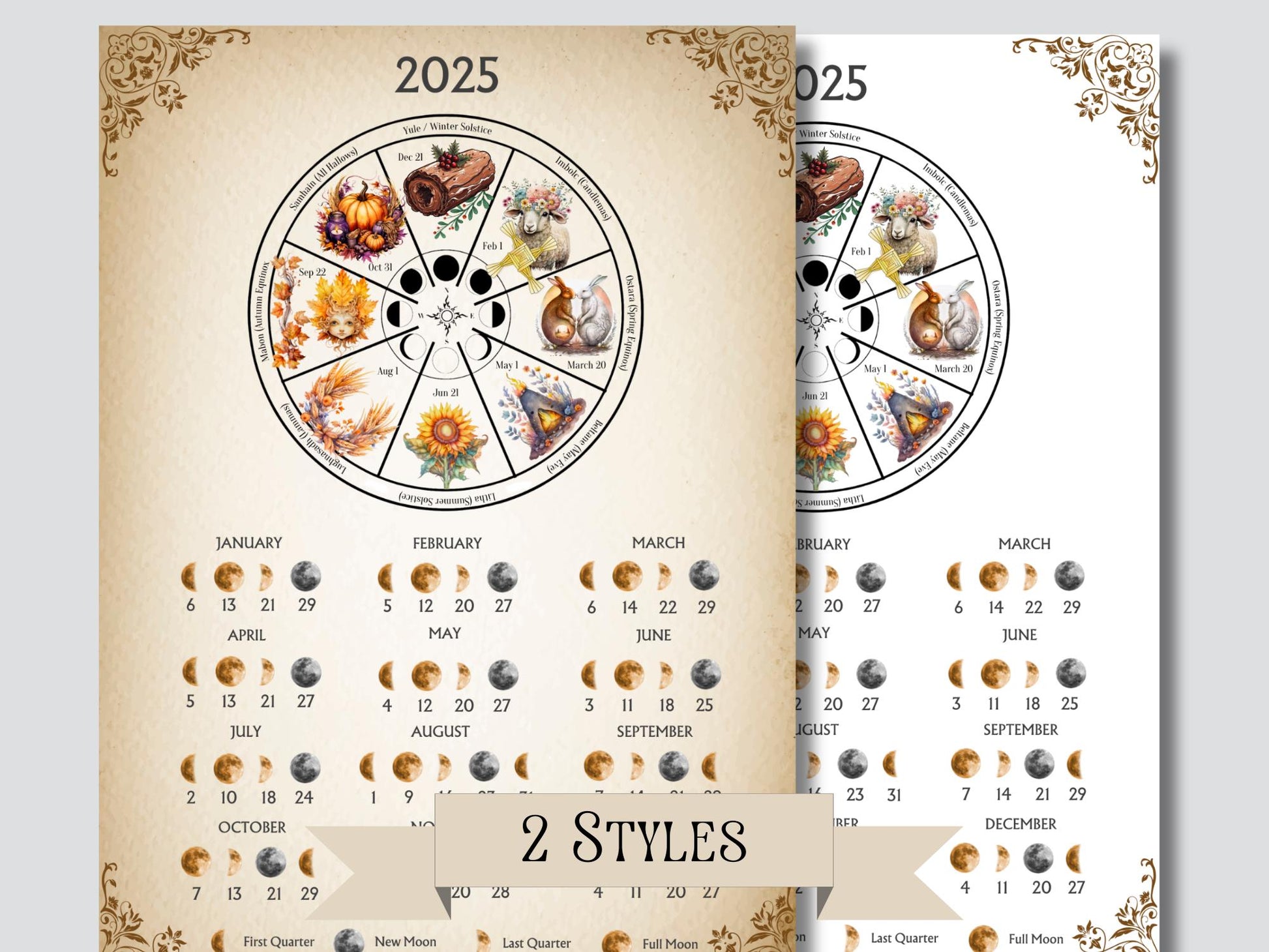 Pagan Wheel of the Year with lunar calendar 2025 | Printable | Moon Phases Calendar | Digital Download