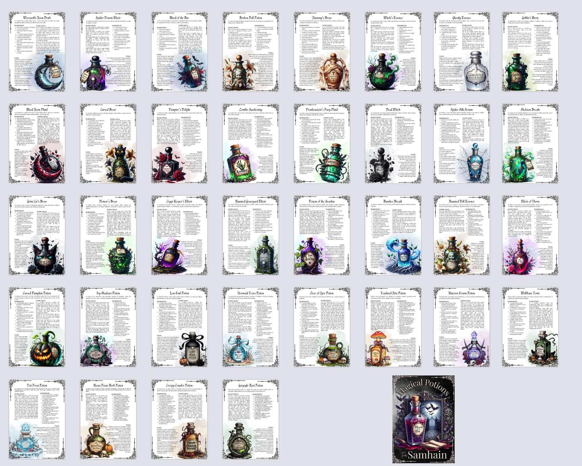 Samhain Magical Potions. Beautiful pages for your Grimoire or Book Of Shadows. Printable
