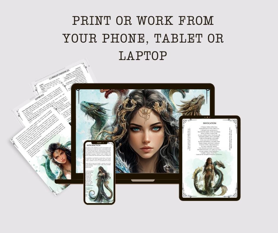 Tiamat, the primordial goddess of the salt sea. Mesopotamian Mythology. Beautiful pages for you Grimoire or Book Of Shadows. Printable.
