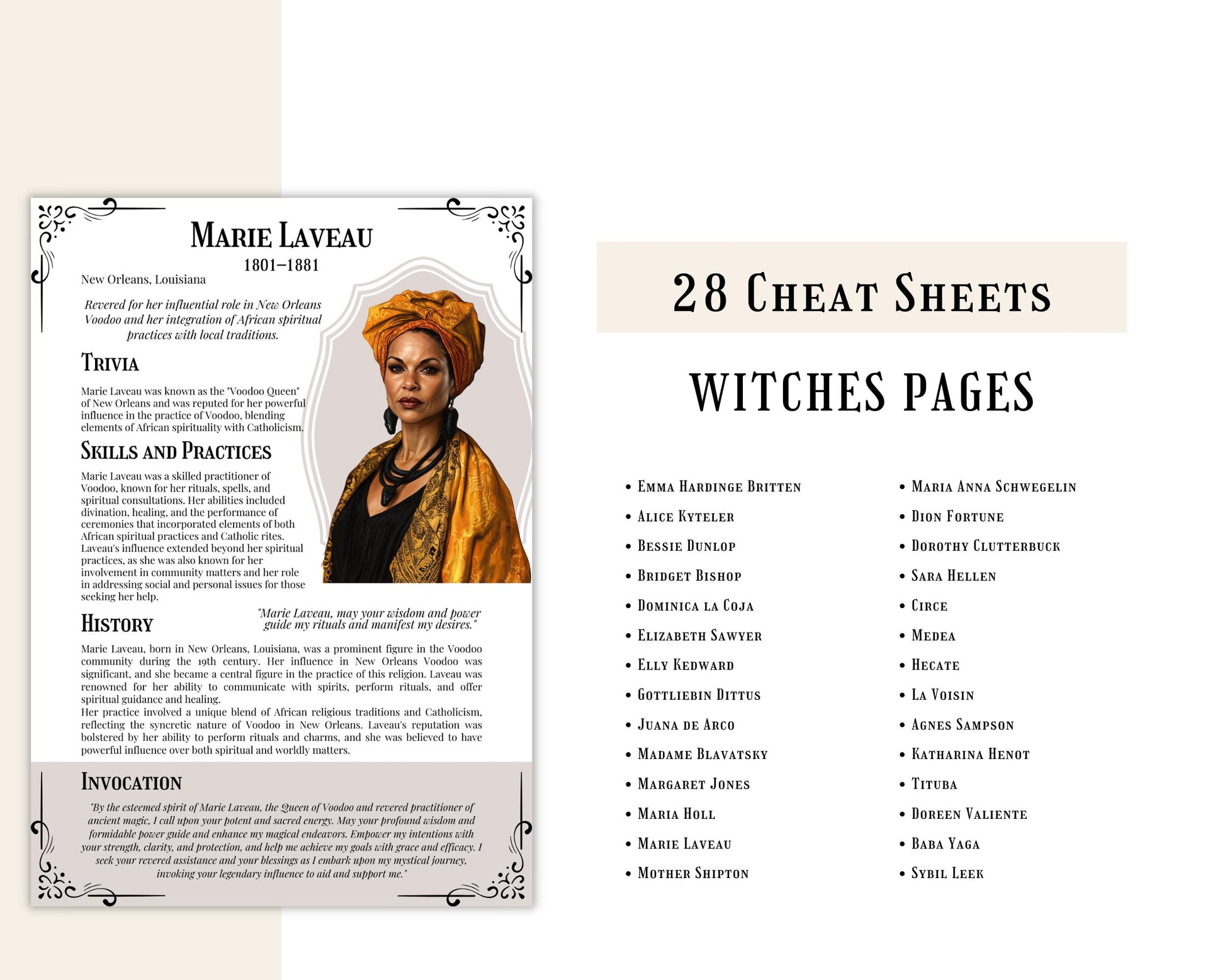 Invoking Ancestral Witches: Channeling the Power of Historical Sorceresses for Your Magical Work. Grimoire Cheat Sheets Pages. Printable.