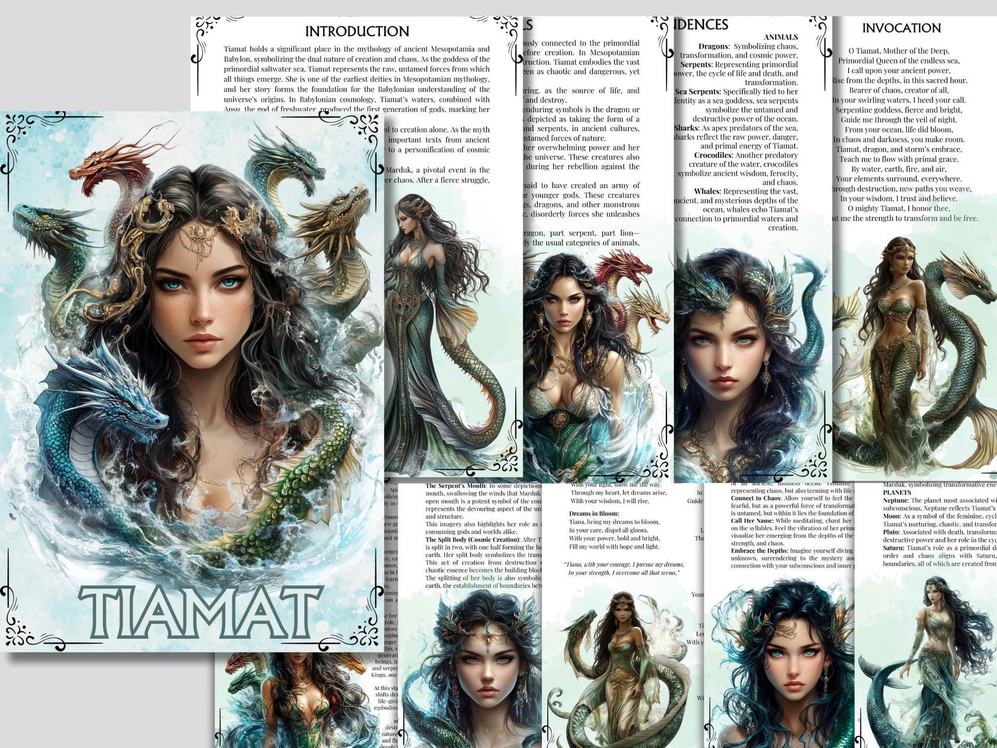 Tiamat, the primordial goddess of the salt sea. Mesopotamian Mythology. Beautiful pages for you Grimoire or Book Of Shadows. Printable.