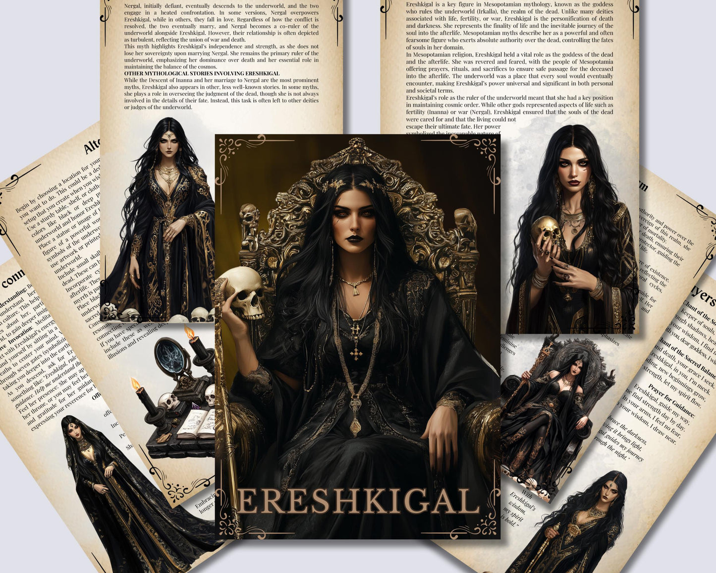 Ereshkigal, the powerful Mesopotamian goddess of the underworld. Beautiful pages for your Grimoire or Book of shadows. Printable.