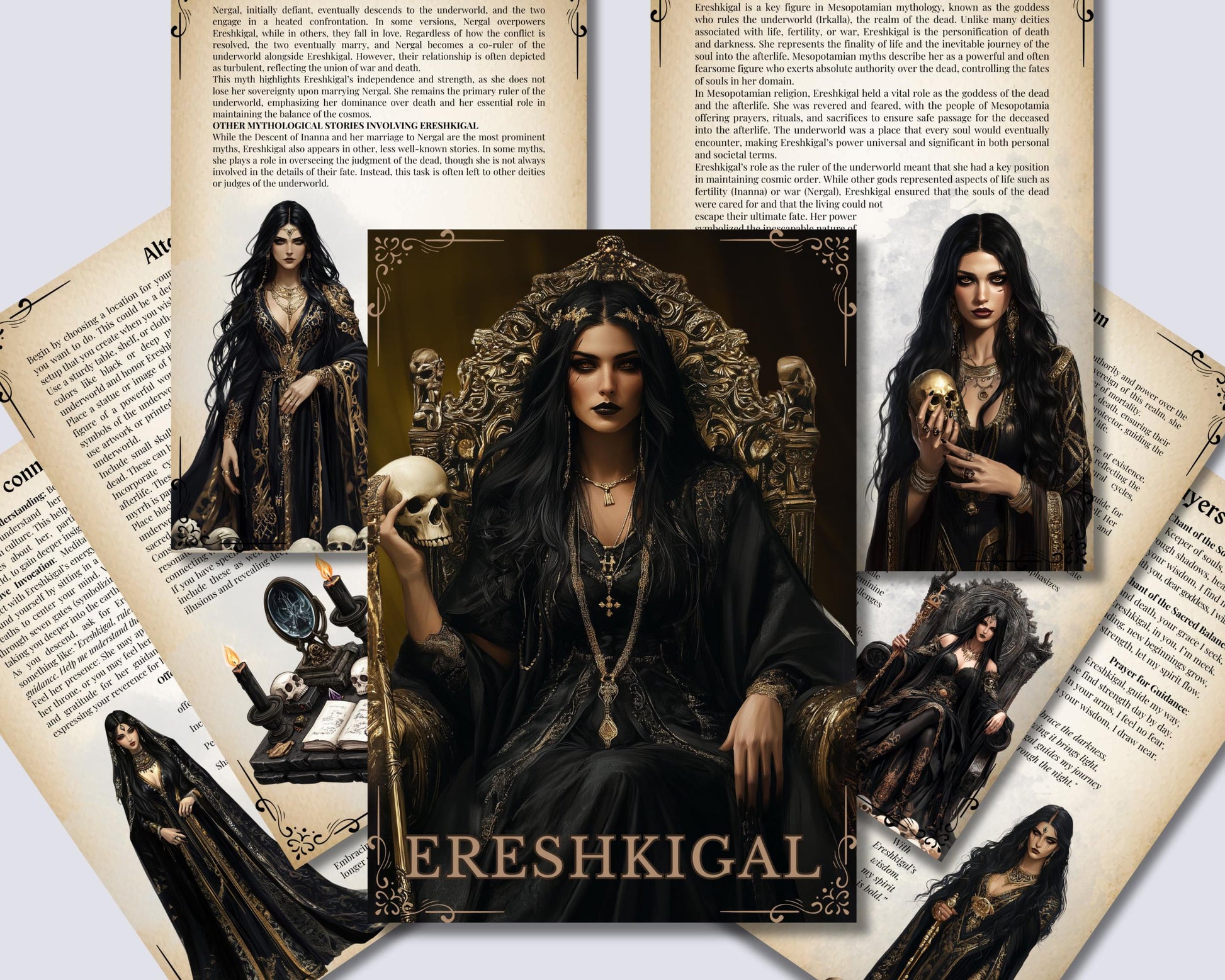Ereshkigal, the powerful Mesopotamian goddess of the underworld. Beautiful pages for your Grimoire or Book of shadows. Printable.