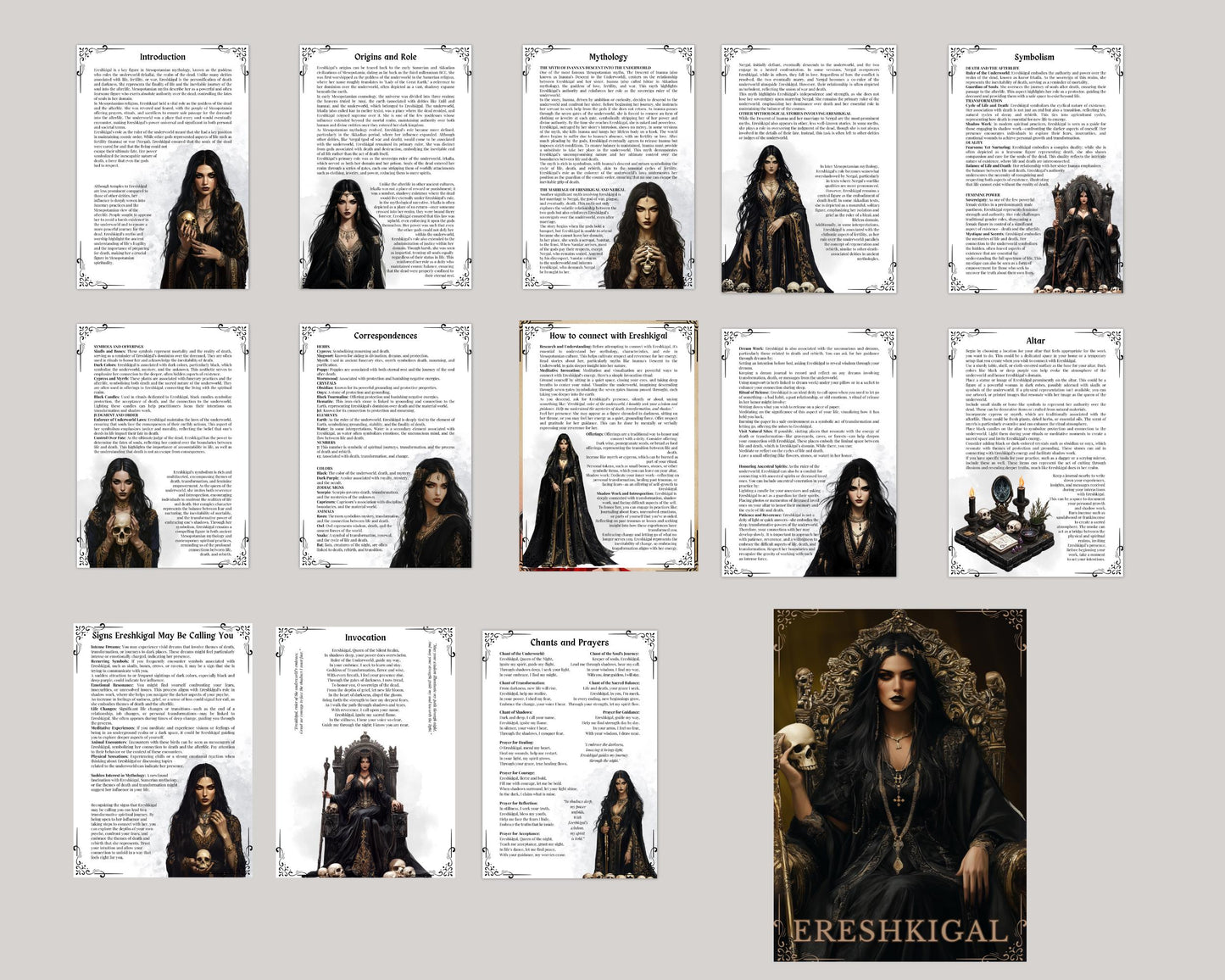 Ereshkigal, the powerful Mesopotamian goddess of the underworld. Beautiful pages for your Grimoire or Book of shadows. Printable.