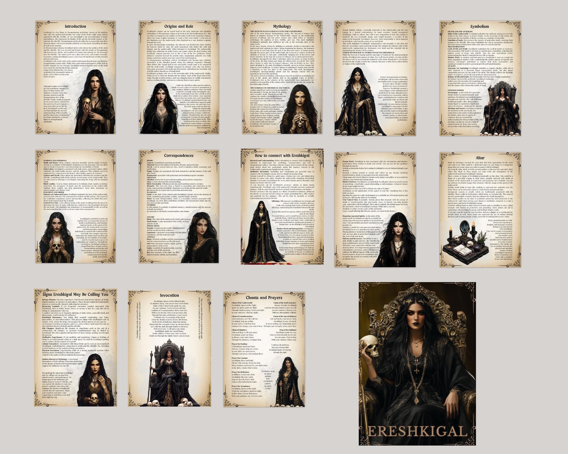 Ereshkigal, the powerful Mesopotamian goddess of the underworld. Beautiful pages for your Grimoire or Book of shadows. Printable.