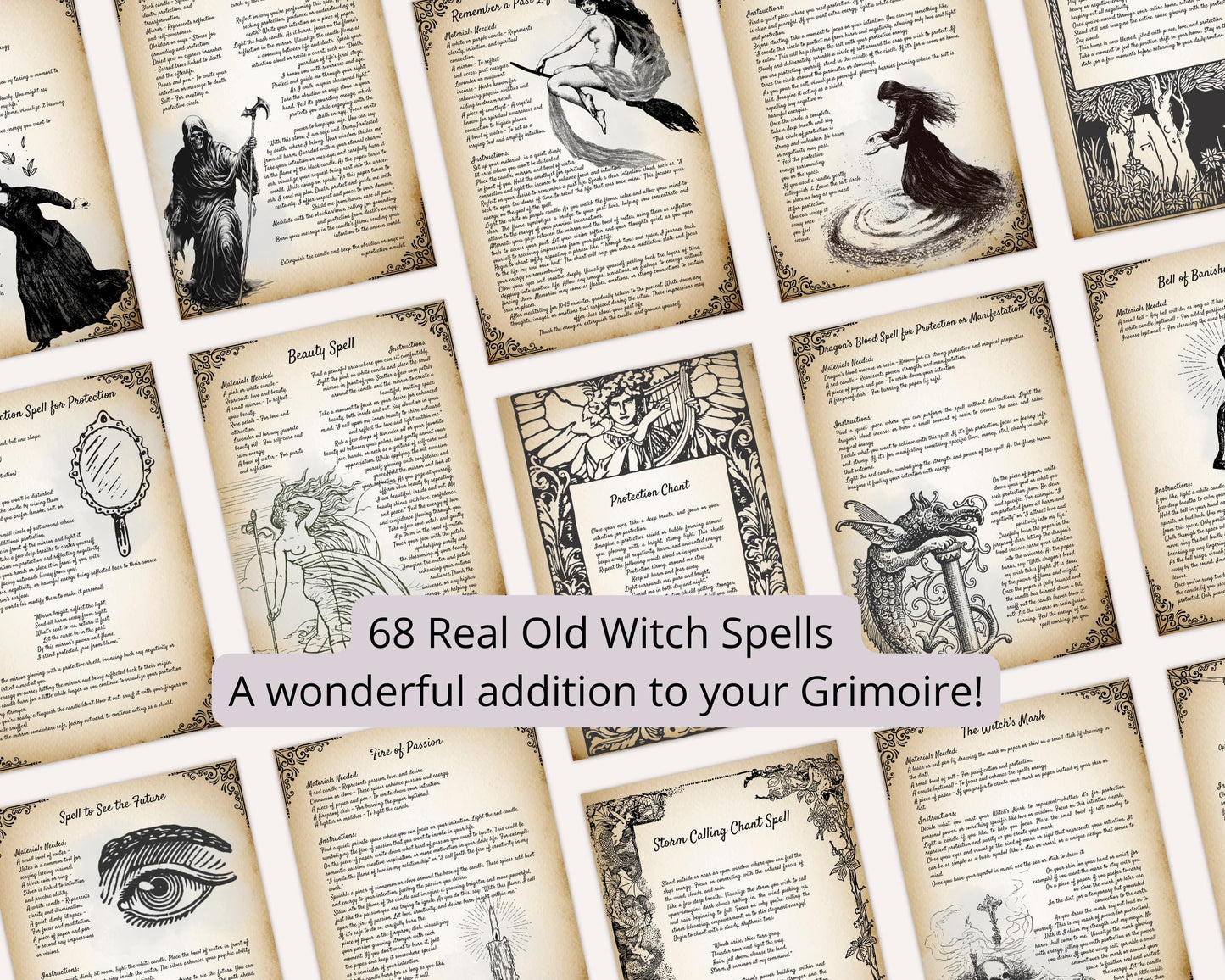 OLD WITCH SPELLS Bundle, 68 Printable Spells, 70 Pages of Beautiful Old Witchcraf Magick for your Grimoire, Book of Shadows or Spellbook