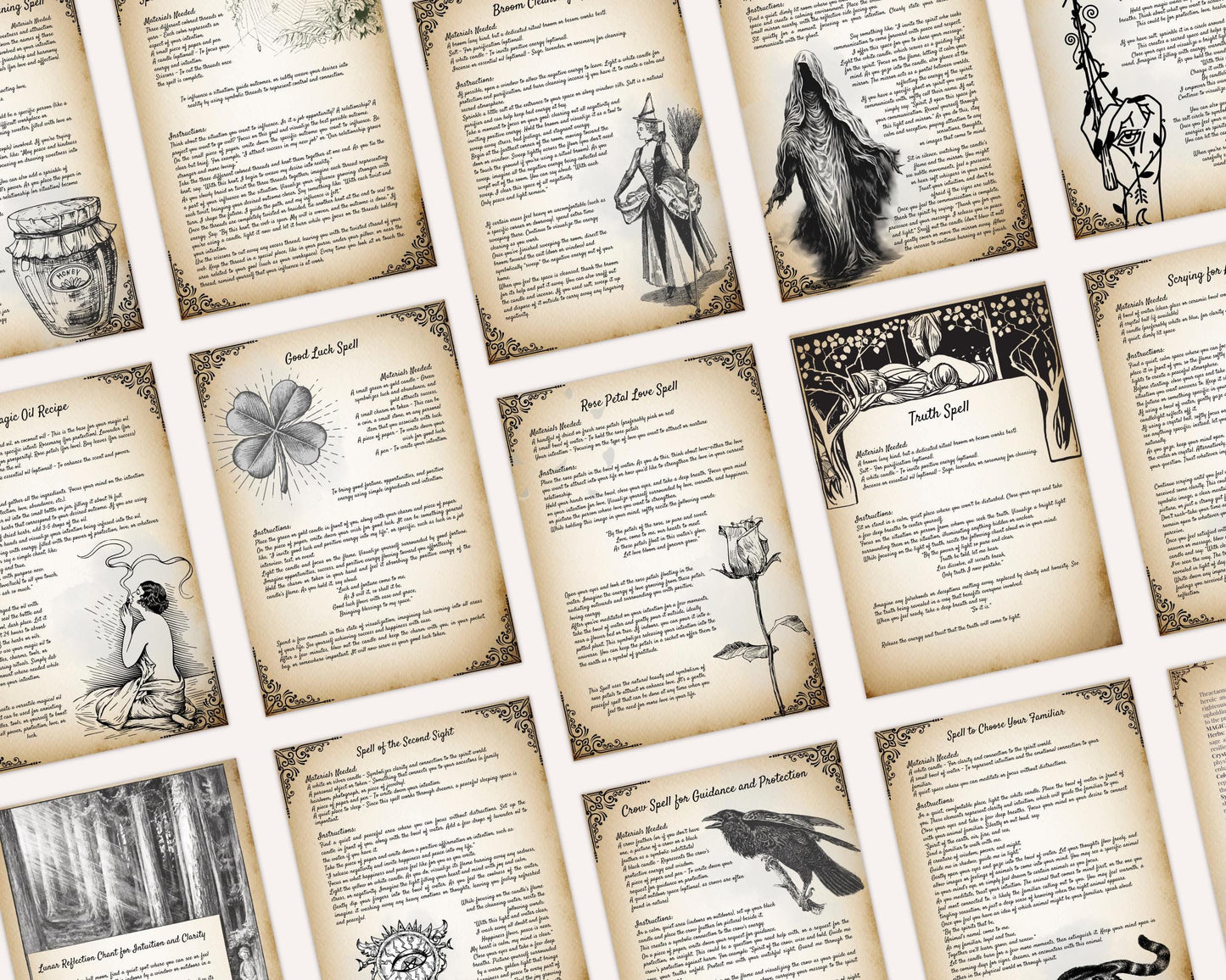 OLD WITCH SPELLS Bundle, 68 Printable Spells, 70 Pages of Beautiful Old Witchcraf Magick for your Grimoire, Book of Shadows or Spellbook