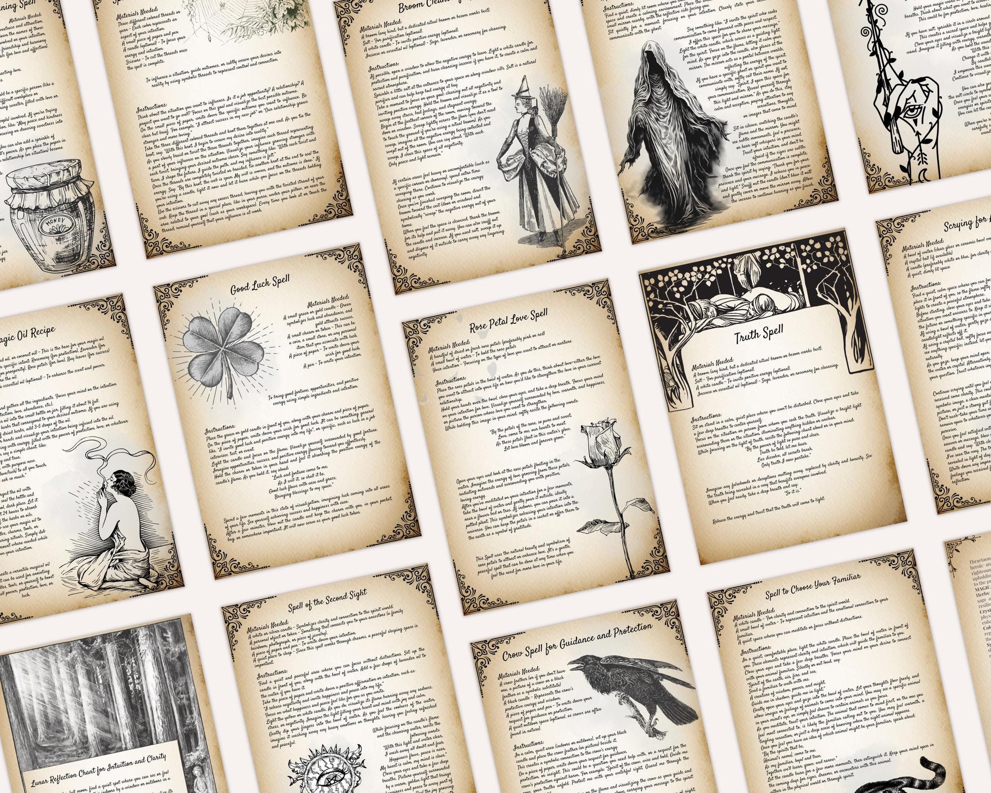 OLD WITCH SPELLS Bundle, 68 Printable Spells, 70 Pages of Beautiful Old Witchcraf Magick for your Grimoire, Book of Shadows or Spellbook