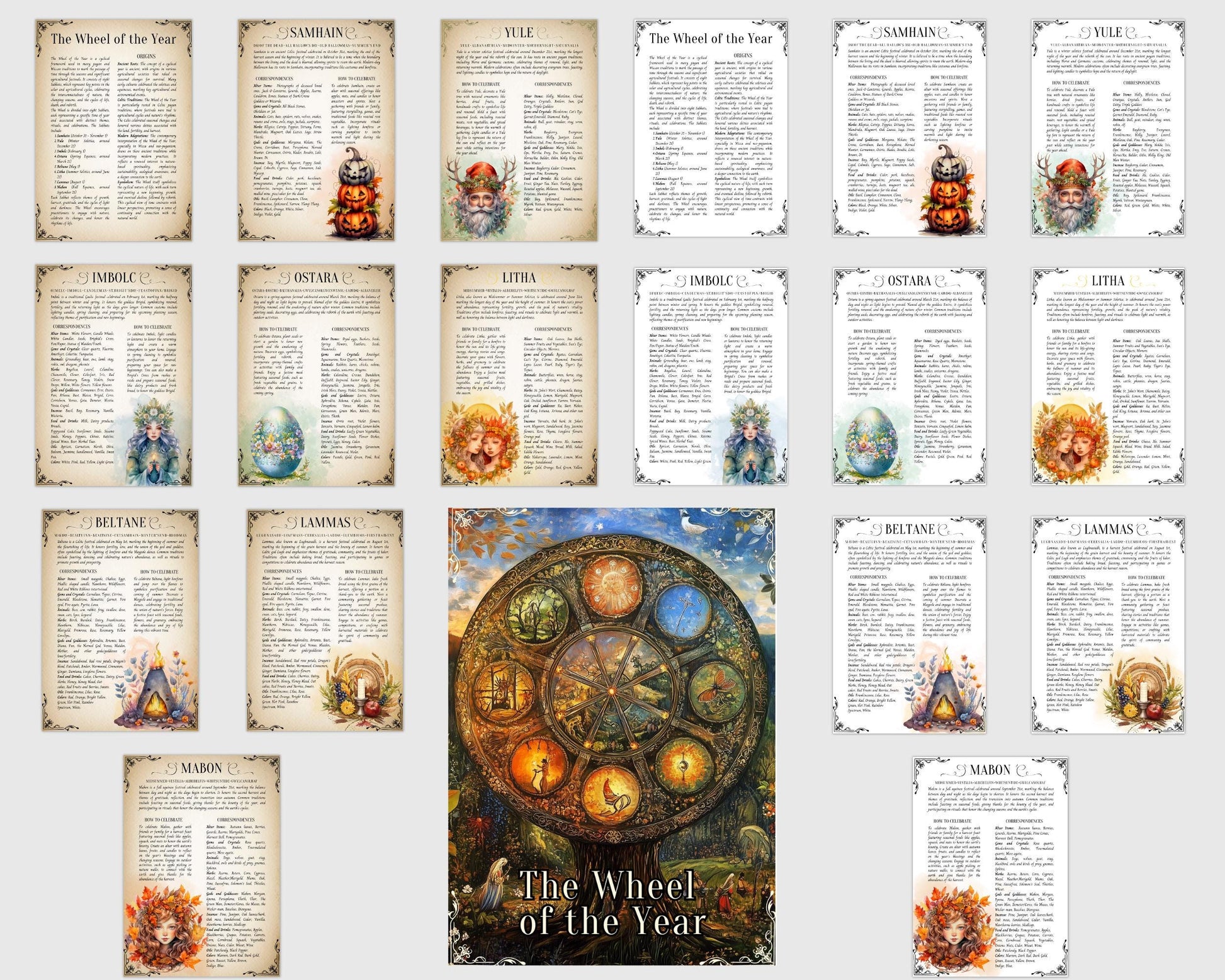 The 8 Sabbats. Celebrate the Wheel of the Year. Printable beautiful Grimoire Pages.