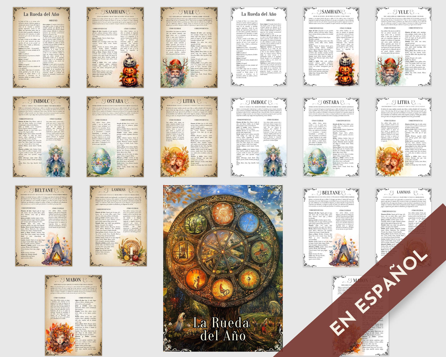 Los 8 Sabbats. Celebre la Rueda del Año. Hermosas páginas de grimorios para imprimir.