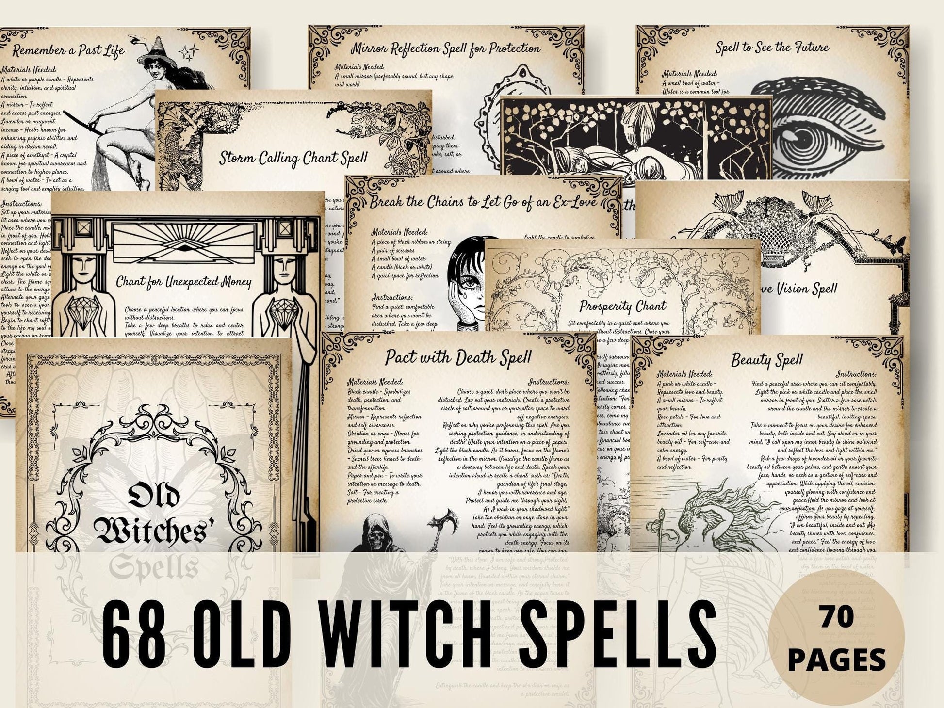 OLD WITCH SPELLS Bundle, 68 Printable Spells, 70 Pages of Beautiful Old Witchcraf Magick for your Grimoire, Book of Shadows or Spellbook
