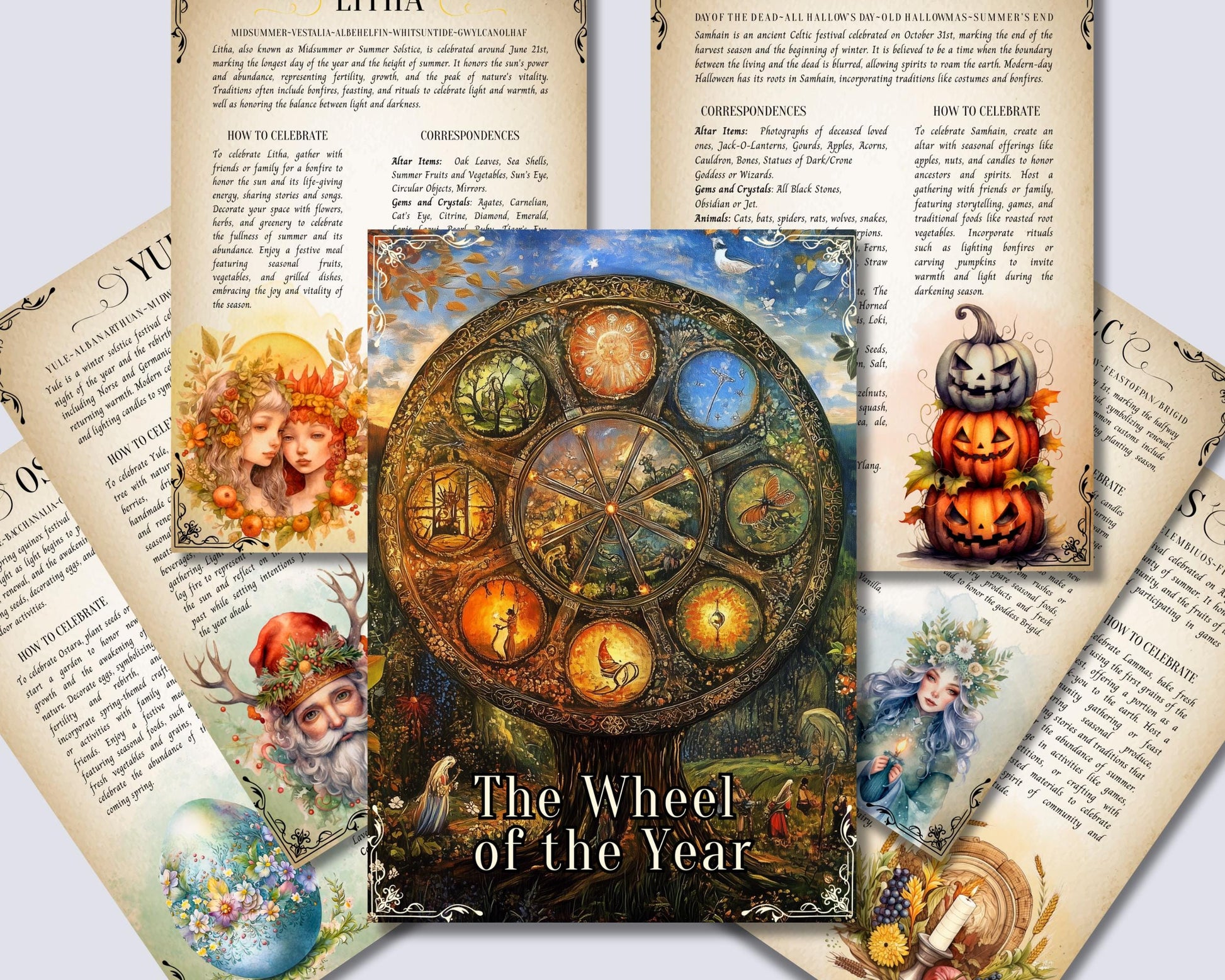 The 8 Sabbats. Celebrate the Wheel of the Year. Printable beautiful Grimoire Pages.
