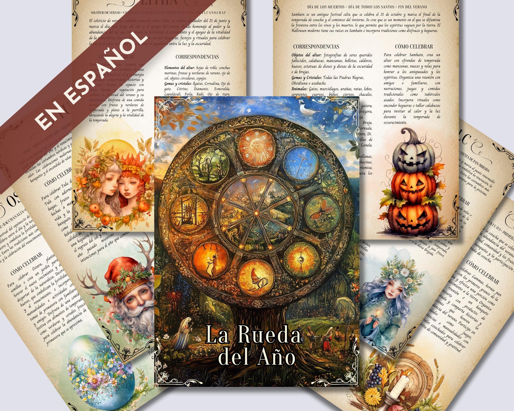 Los 8 Sabbats. Celebre la Rueda del Año. Hermosas páginas de grimorios para imprimir.