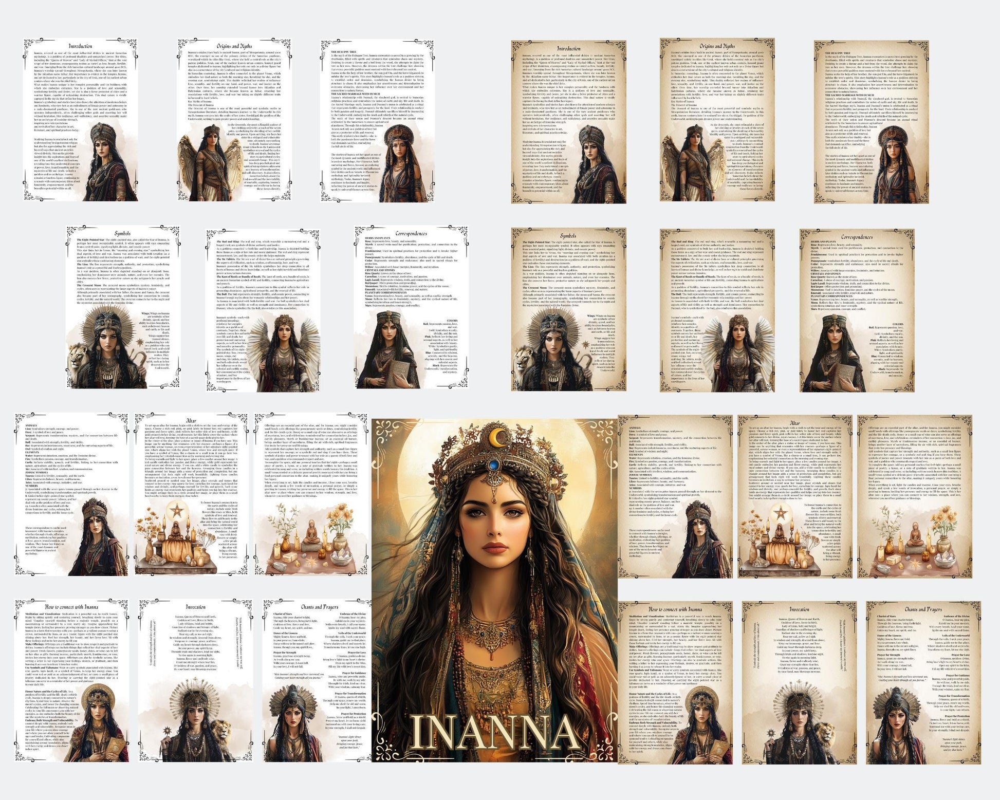 Inanna, the ancient goddess of love, wisdom, and strength. Beautiful pages for your Grimoire or Book of Shadows. Printable