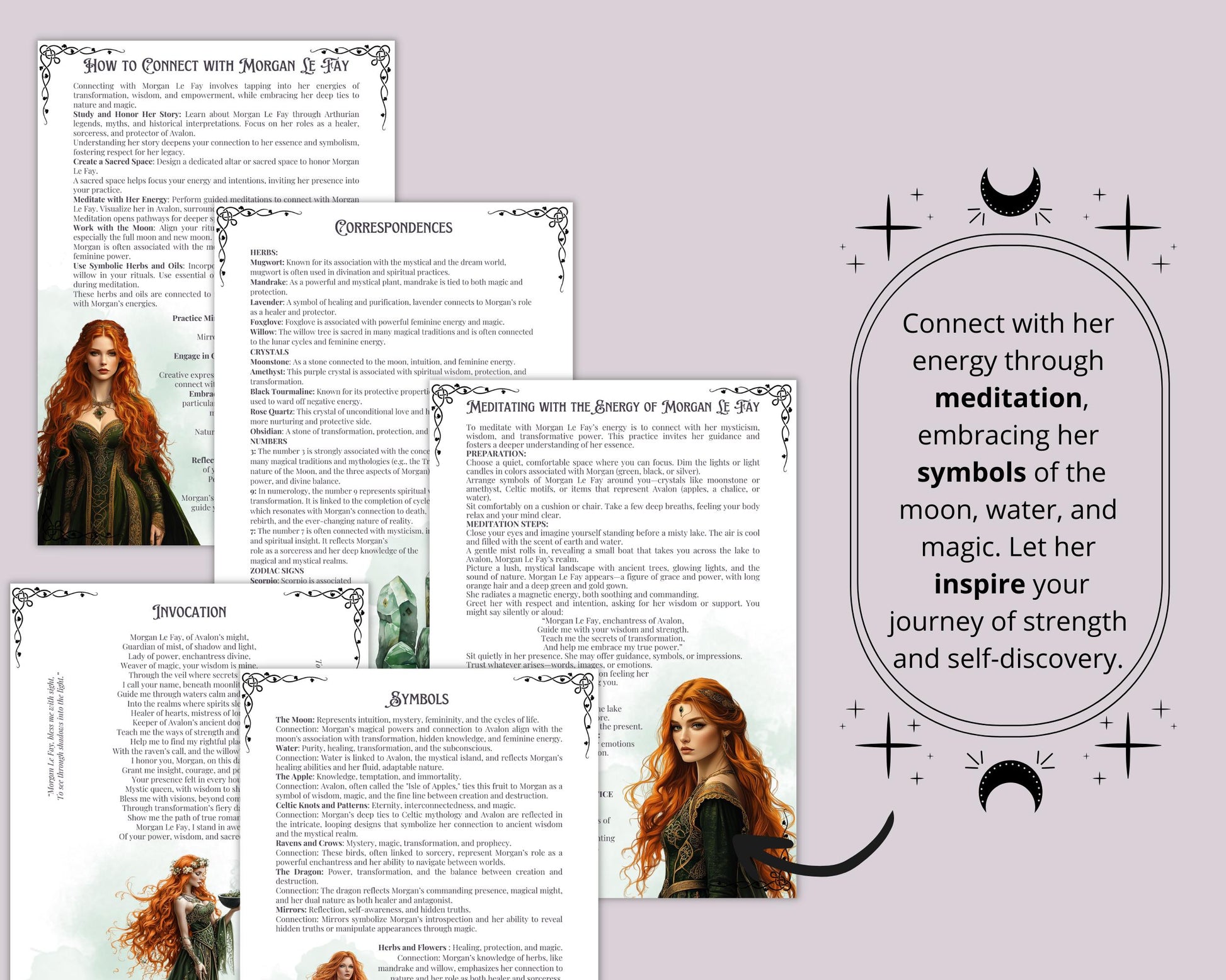 Morgan Le Fay, the legendary sorceress of Avalon. Beautiful pages for your Grimoire or Book Of Shadows. printable.