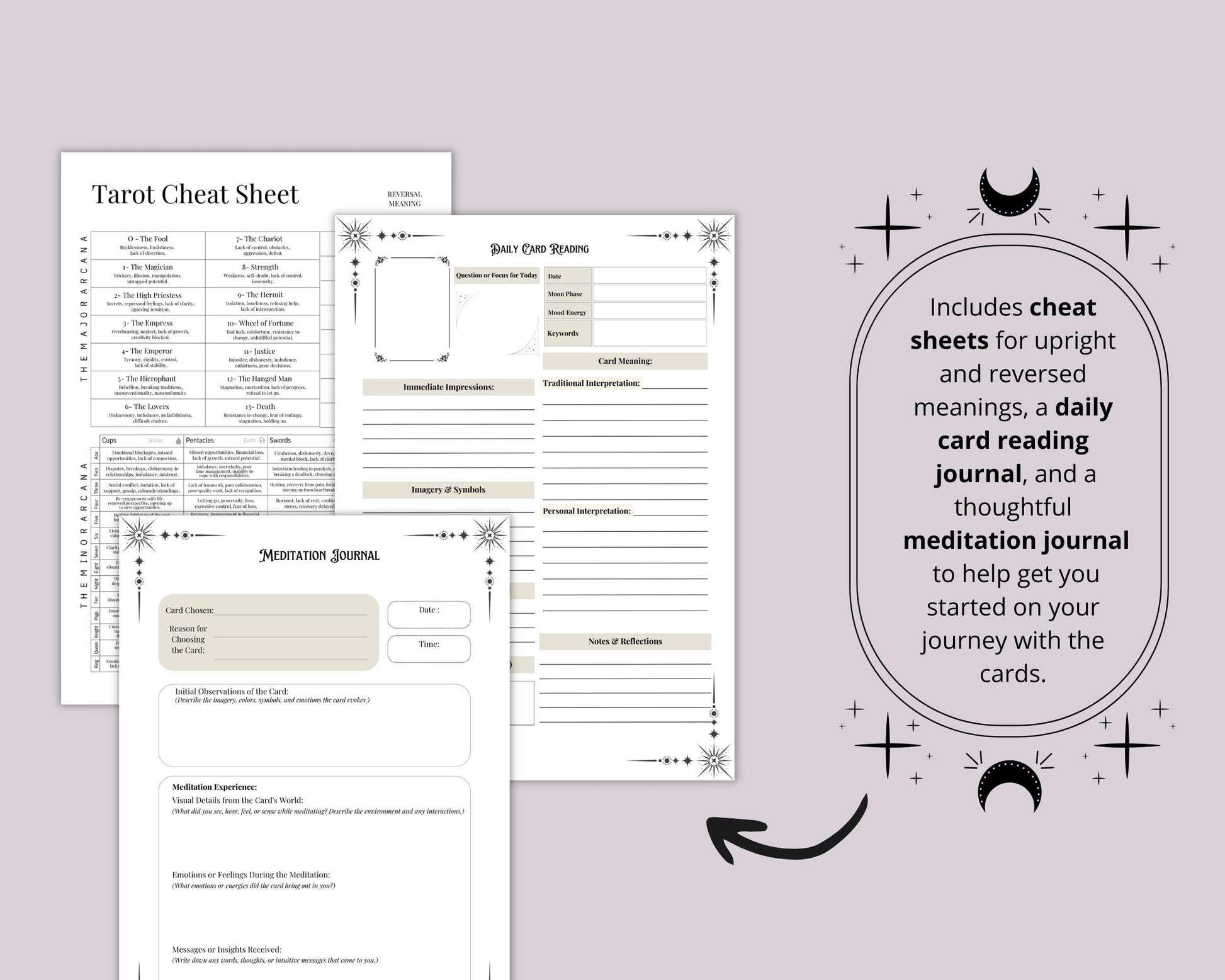 Tarot Beginner's Guide. Card Meanings, Spreads, Cheat Sheets, Journal pages & More! Printable Pages