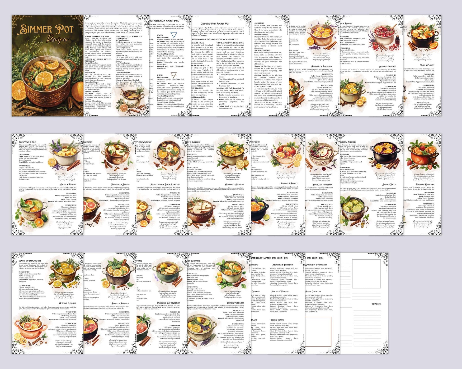 Simmer Pot Recipes. 30 Magical Simmer Pots. Beautiful pages for your Grimoire or Book Of Shadows. Printable