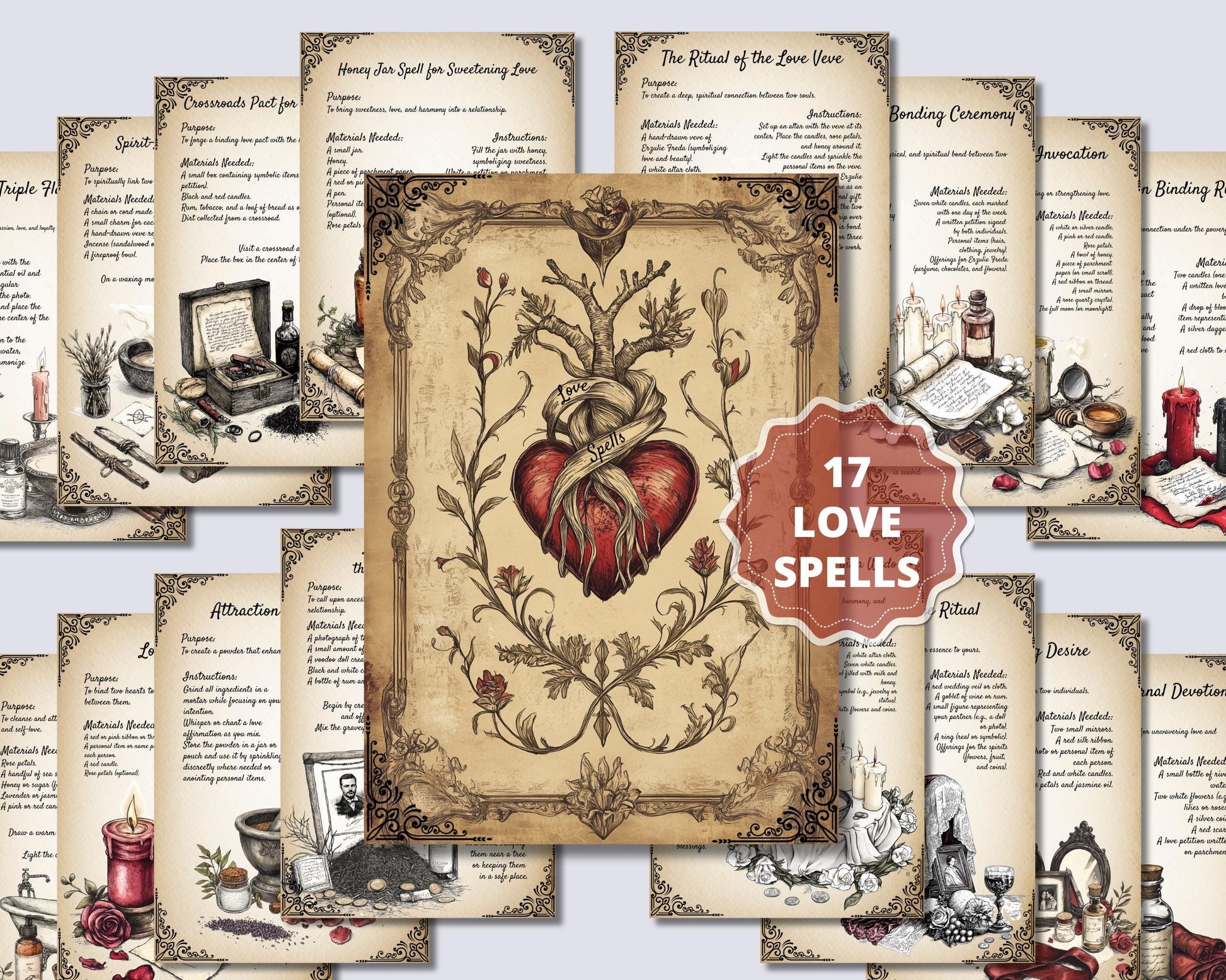 Ancient Voodoo Love Bindings. 17 Love Spells. Beautiful pages for your Grimoire or Book Of Shadows. Printable.