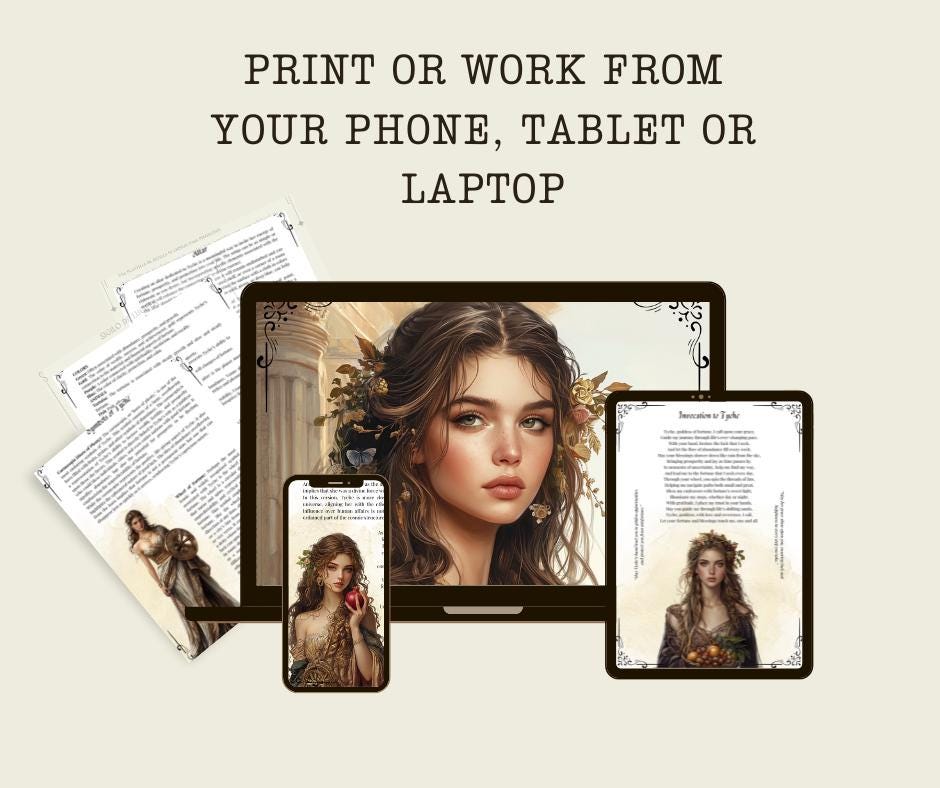 Tyche, Goddess of Fortune & Luck. Beautiful pages for your Grimoire or Book of Shadows. Printable.