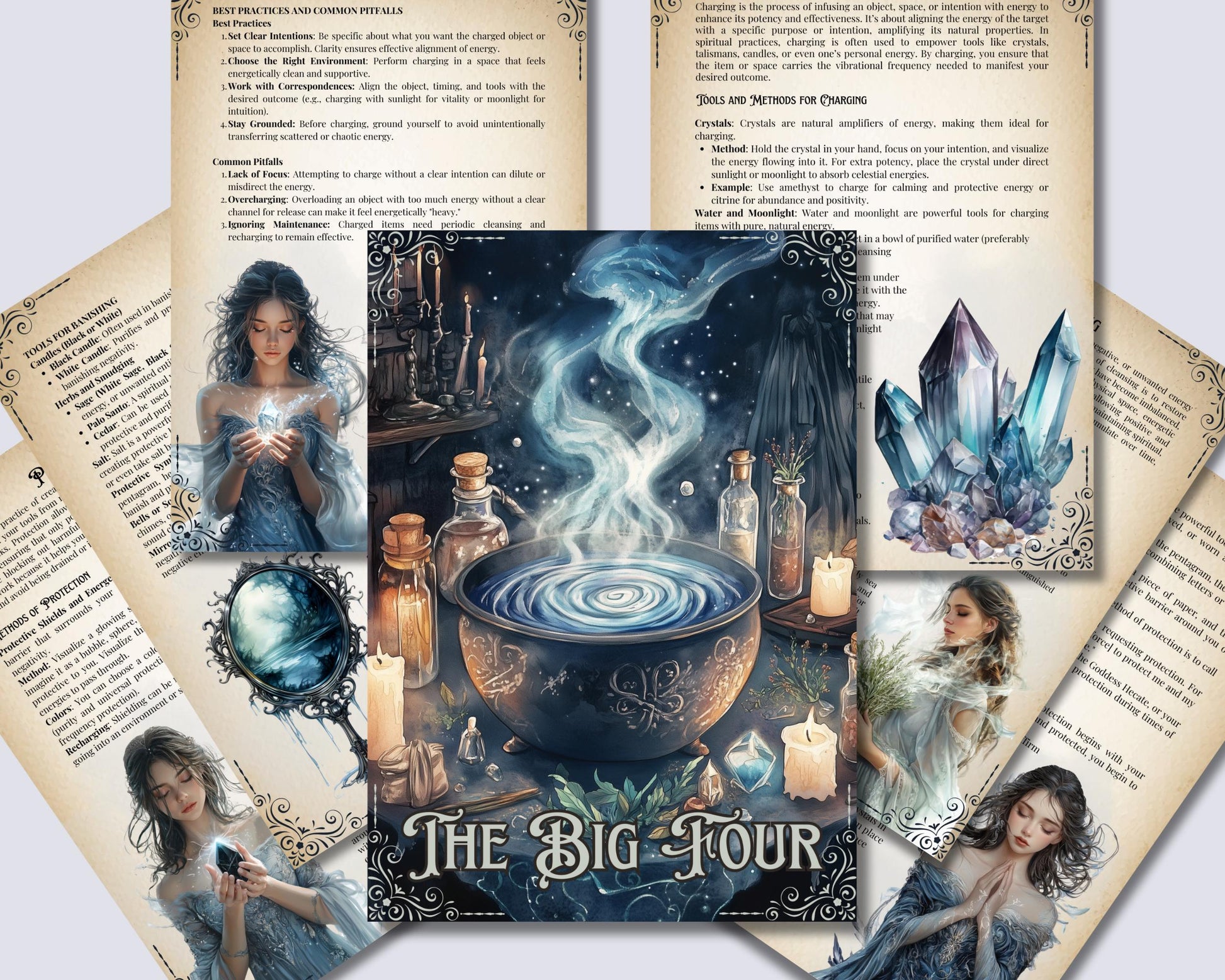 The Big Four. Cleansing, Charging, Banishing & Protection. Grimoire pages. Printable.