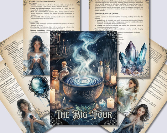 The Big Four. Cleansing, Charging, Banishing & Protection. Grimoire pages. Printable.