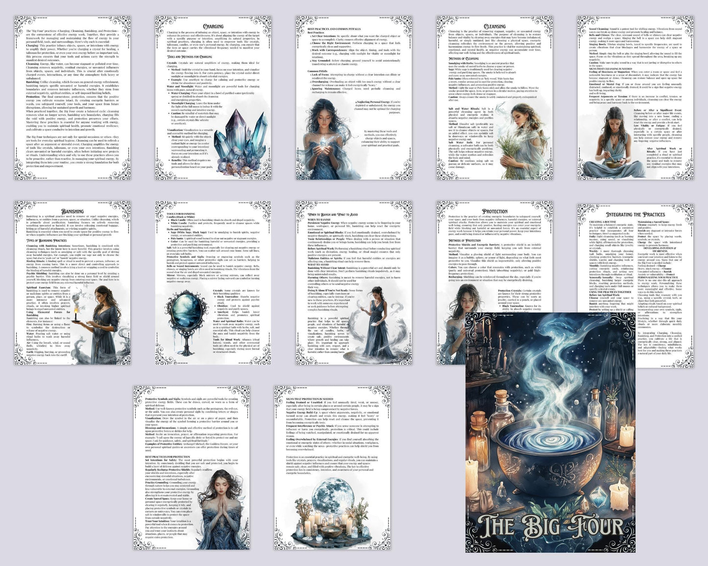 The Big Four. Cleansing, Charging, Banishing & Protection. Grimoire pages. Printable.