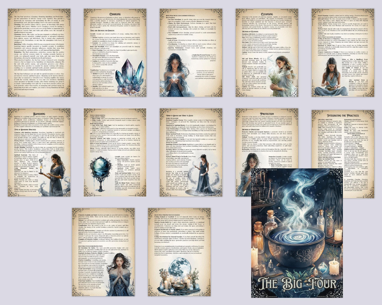 The Big Four. Cleansing, Charging, Banishing & Protection. Grimoire pages. Printable.