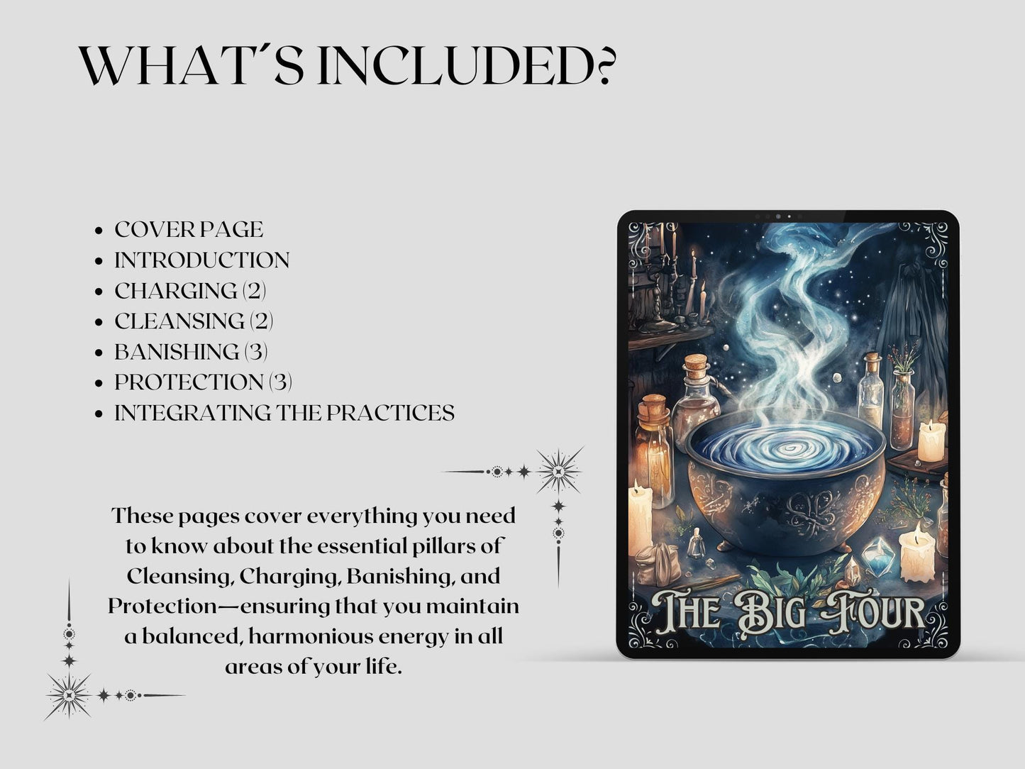 The Big Four. Cleansing, Charging, Banishing & Protection. Grimoire pages. Printable.