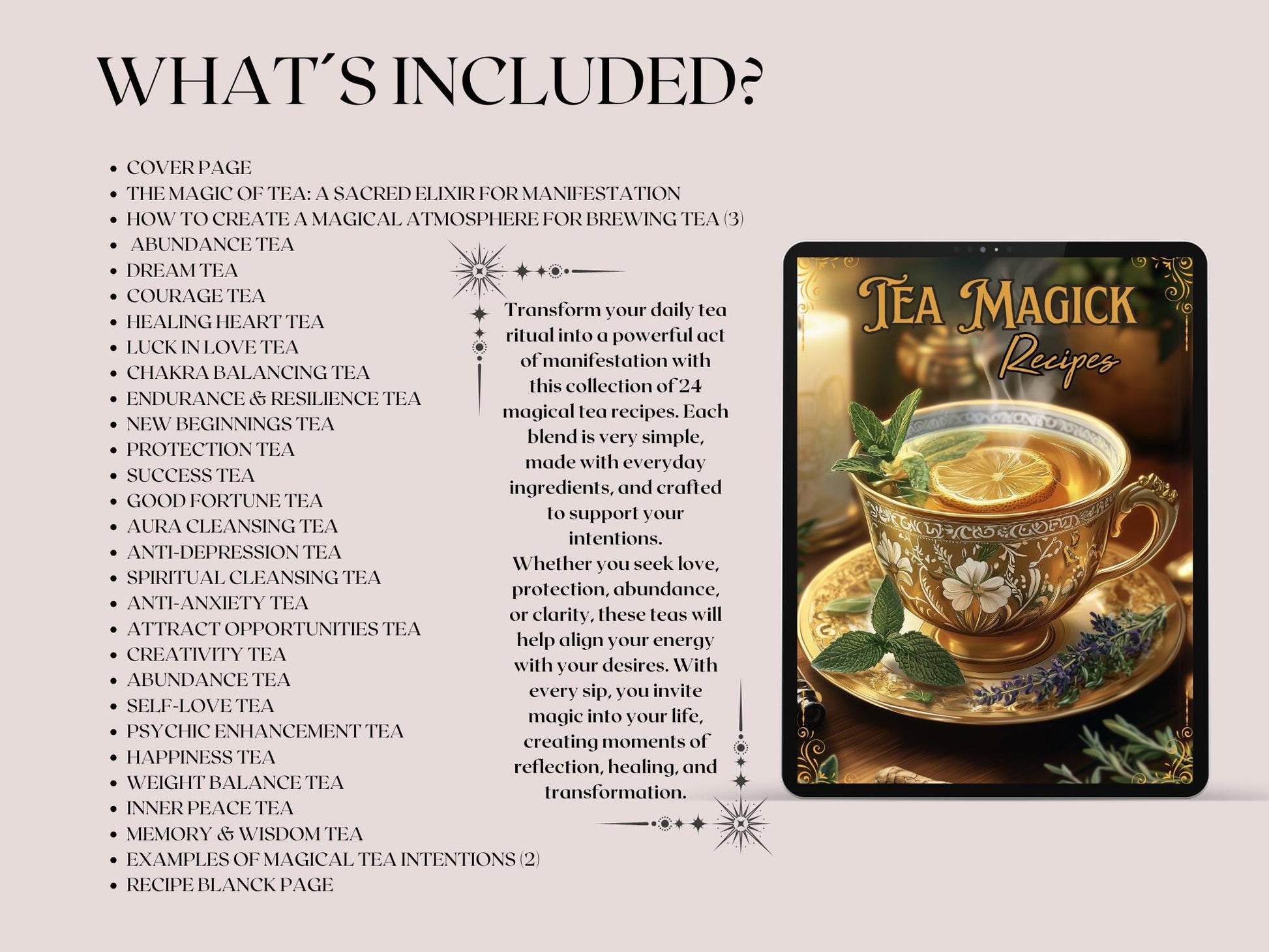 Tea Magick Recipes. 24 Magical Tea recipes. Beautiful pages for your Grimoire or Book Of Shadows. Printable