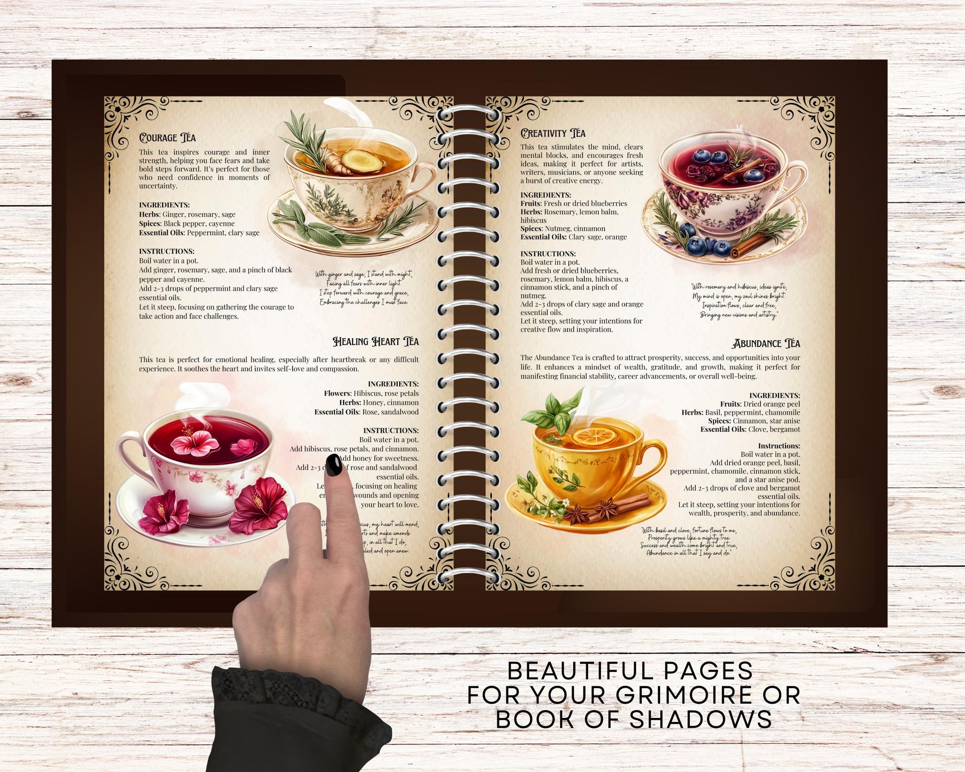 Tea Magick Recipes. 24 Magical Tea recipes. Beautiful pages for your Grimoire or Book Of Shadows. Printable