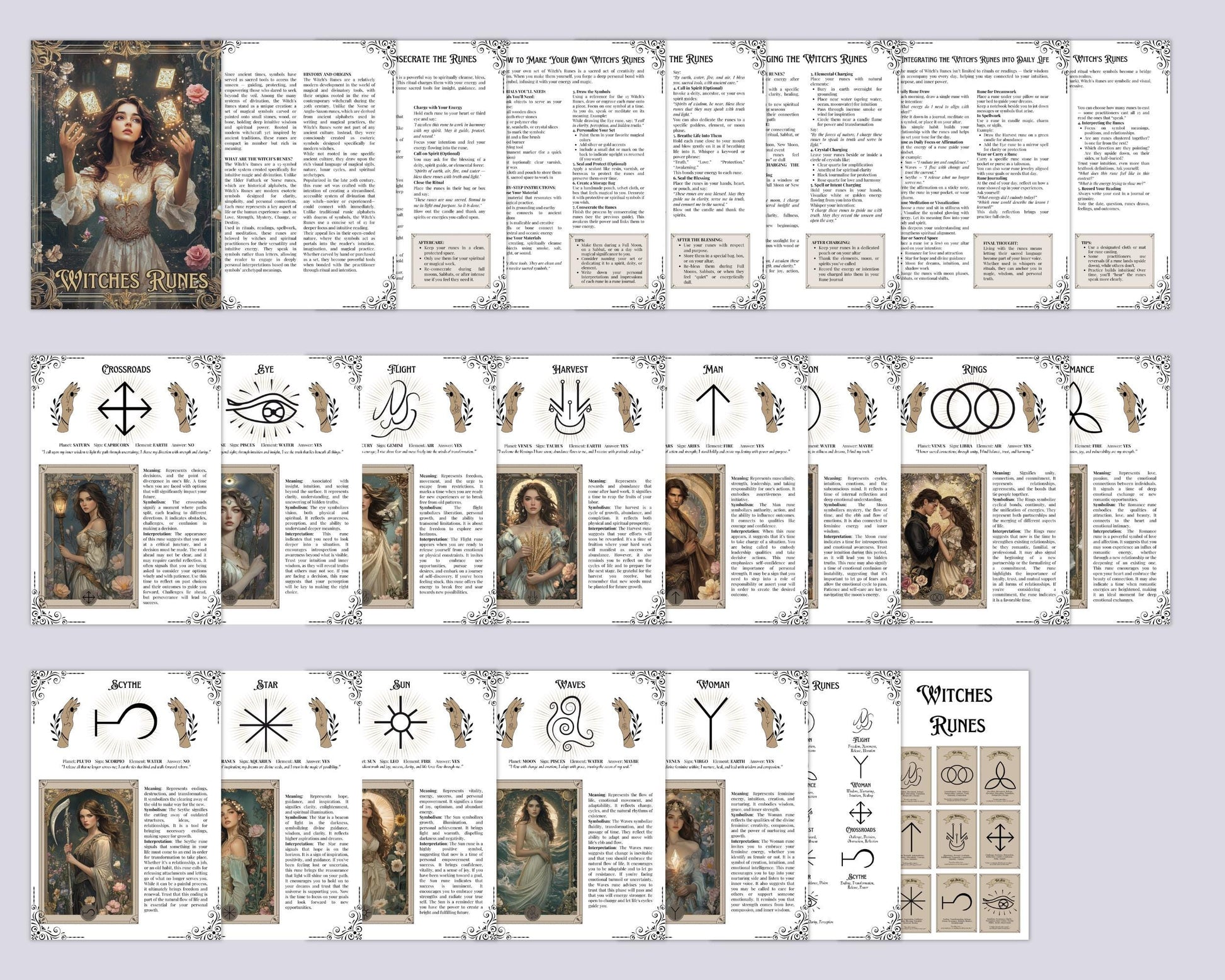 Witches Rune Bundle. Printable Grimoire Pages & Rune Magic Cards. Gorgeous, ready-to-print pages for your Grimoire or Book of Shadows.