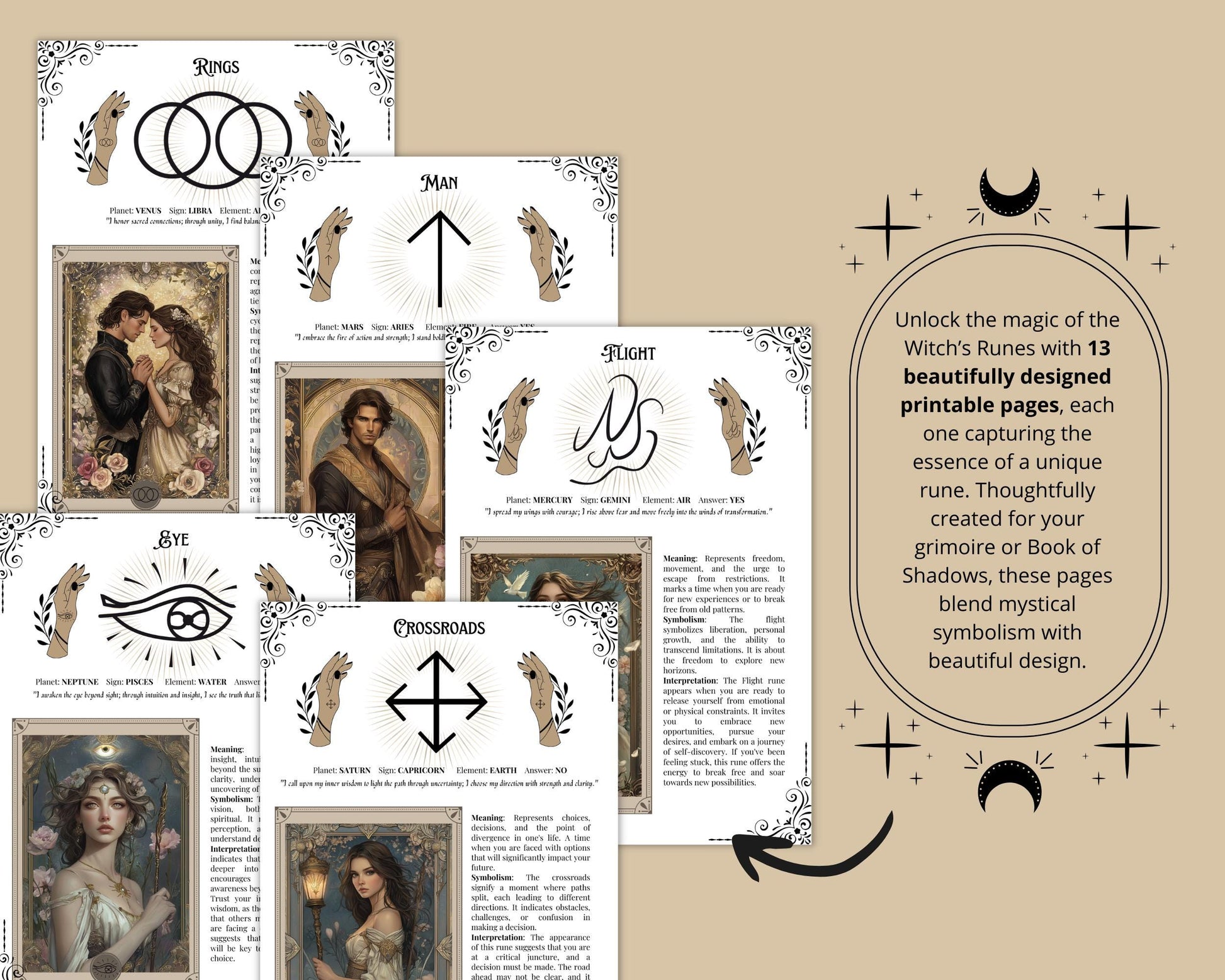 Witches Rune Bundle. Printable Grimoire Pages & Rune Magic Cards. Gorgeous, ready-to-print pages for your Grimoire or Book of Shadows.