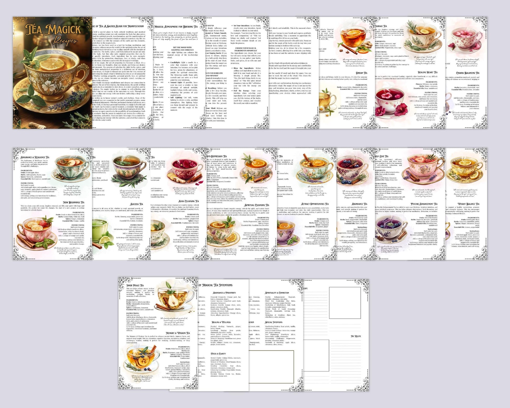 Tea Magick Recipes. 24 Magical Tea recipes. Beautiful pages for your Grimoire or Book Of Shadows. Printable