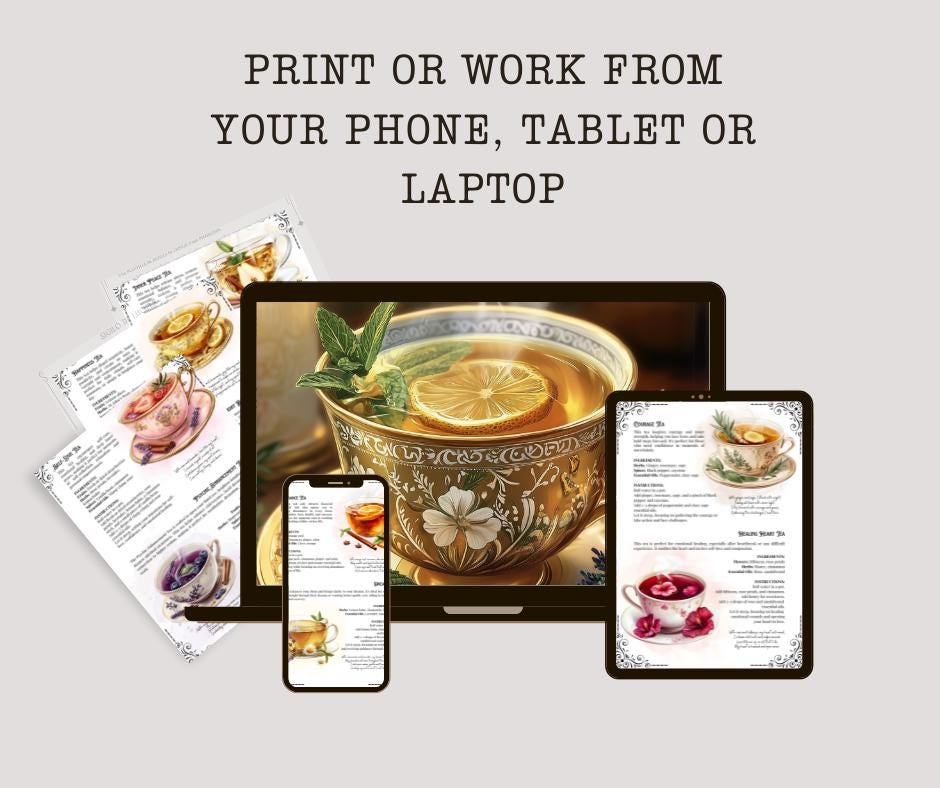 Tea Magick Recipes. 24 Magical Tea recipes. Beautiful pages for your Grimoire or Book Of Shadows. Printable