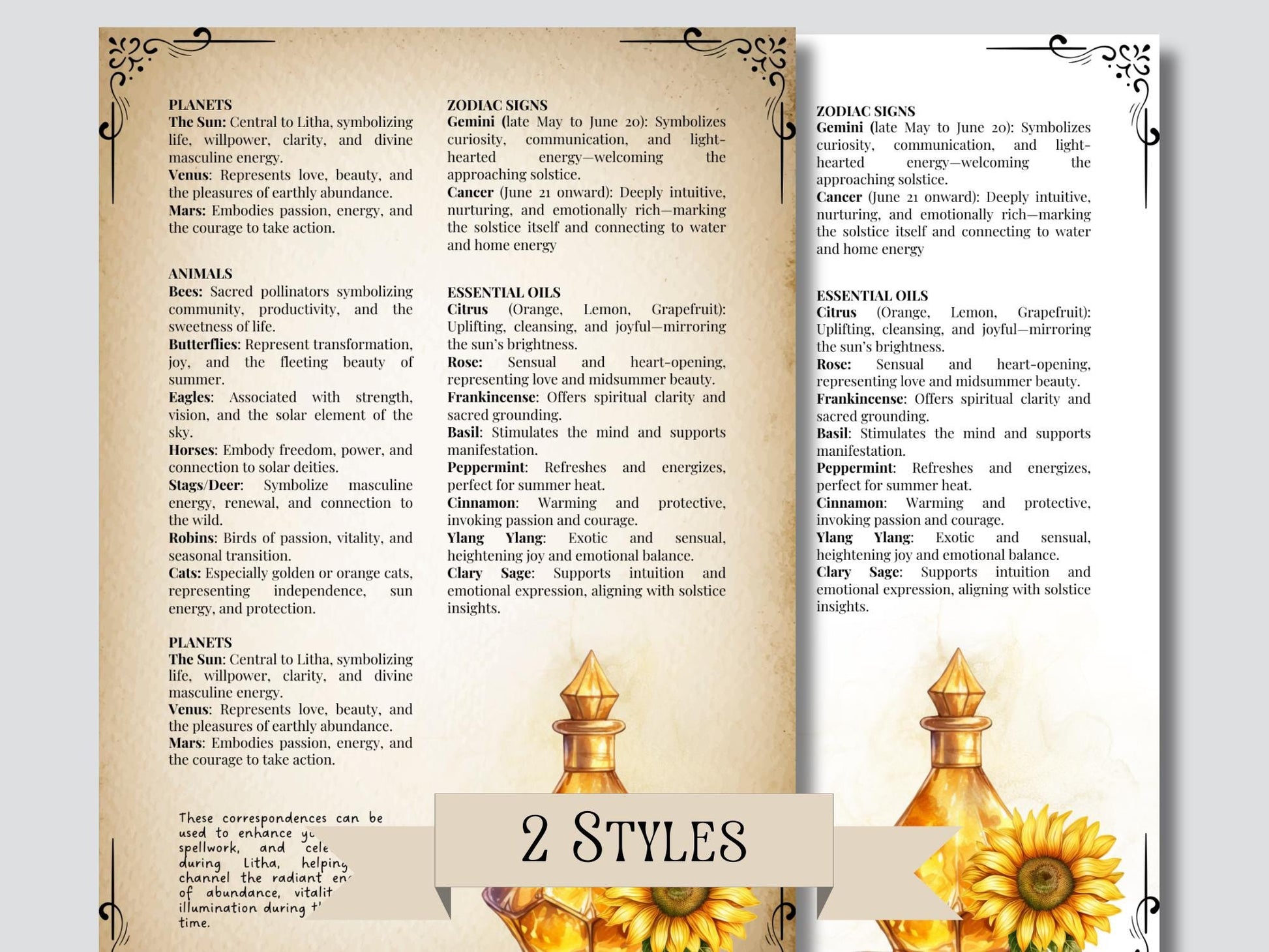 Litha. Beautiful pages for your Grimoire or Book Of Shadows. Printable. Litha Sabbat.