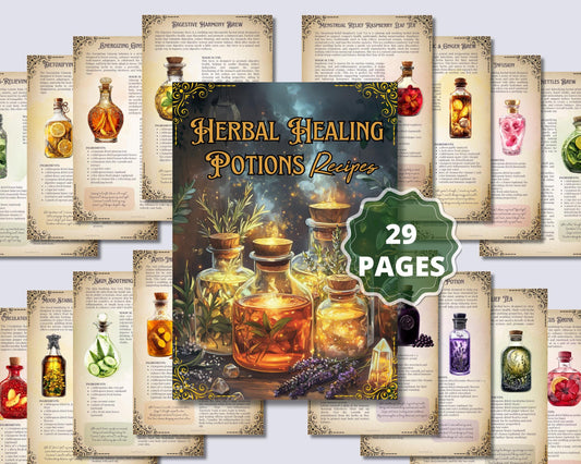 24 Herbal healing potions. Beautiful pages for your Grimoire or Book Of Shadows. Printable