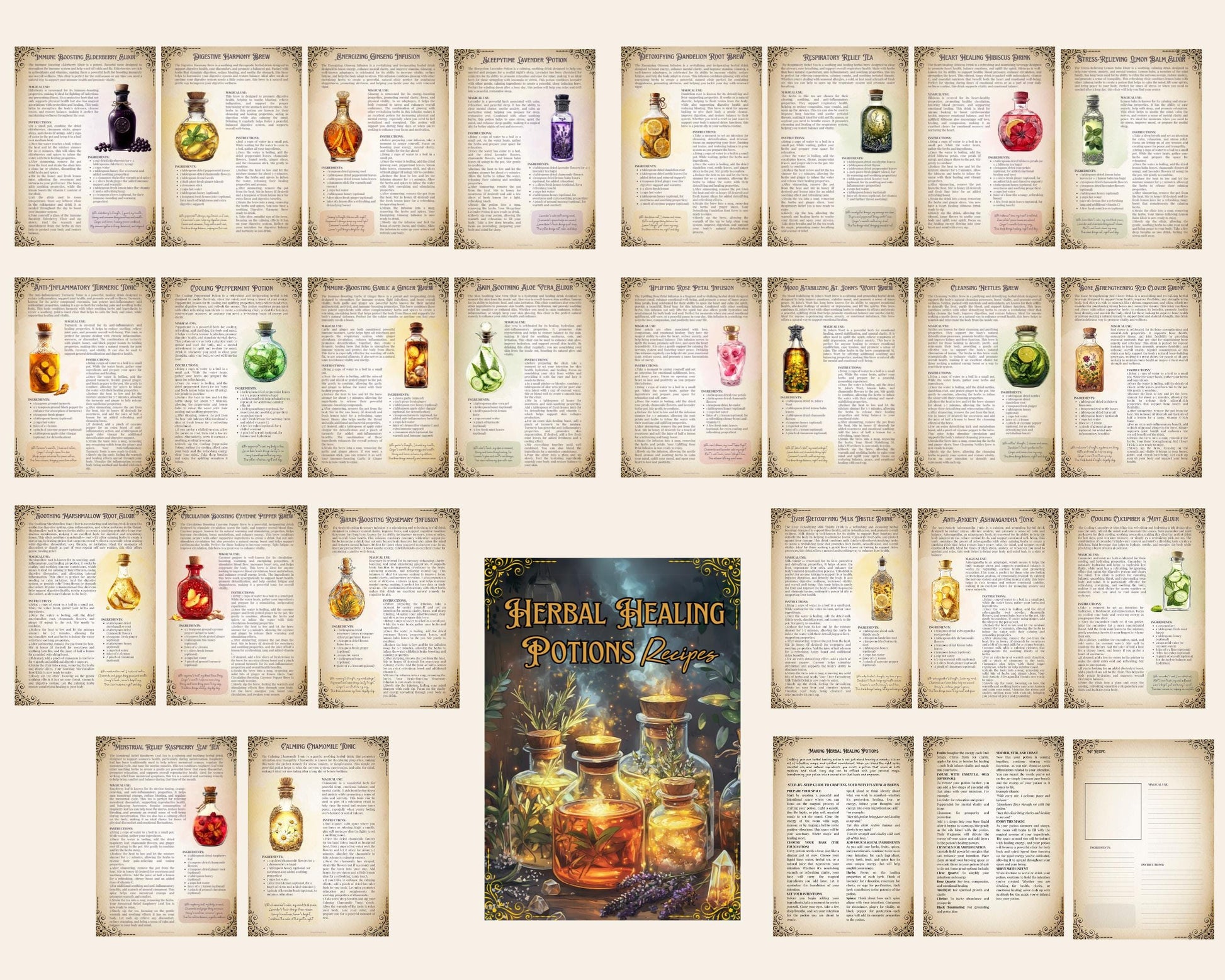 24 Herbal healing potions. Beautiful pages for your Grimoire or Book Of Shadows. Printable