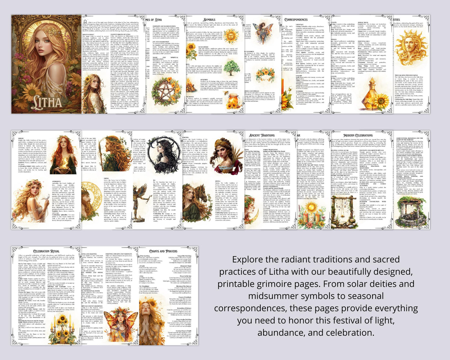 Litha. Beautiful pages for your Grimoire or Book Of Shadows. Printable. Litha Sabbat.